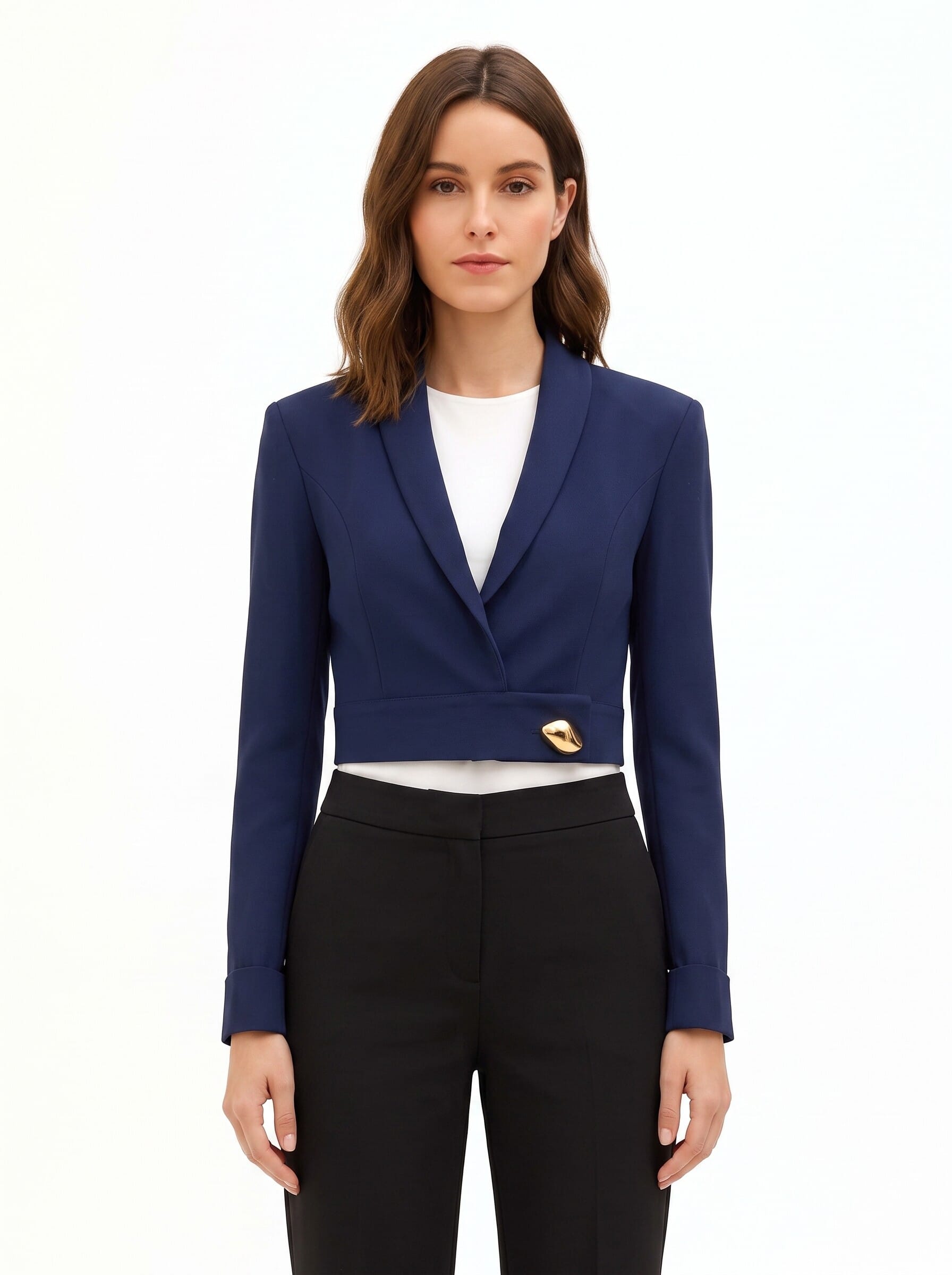 Giacca Blazer Crop In Tessuto Cadi Con Bottone Gioiello Rinascimento