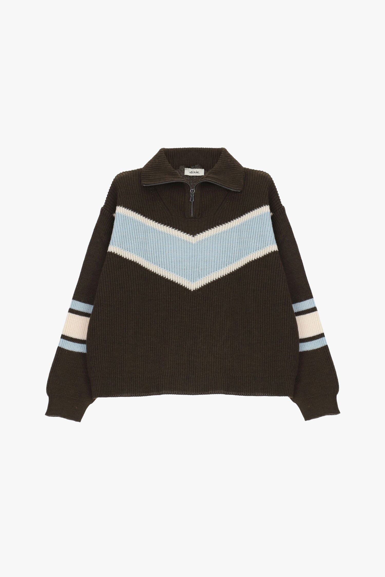 Pull à col rond côtelé avec fermeture éclair et motif en V en forme de « X »