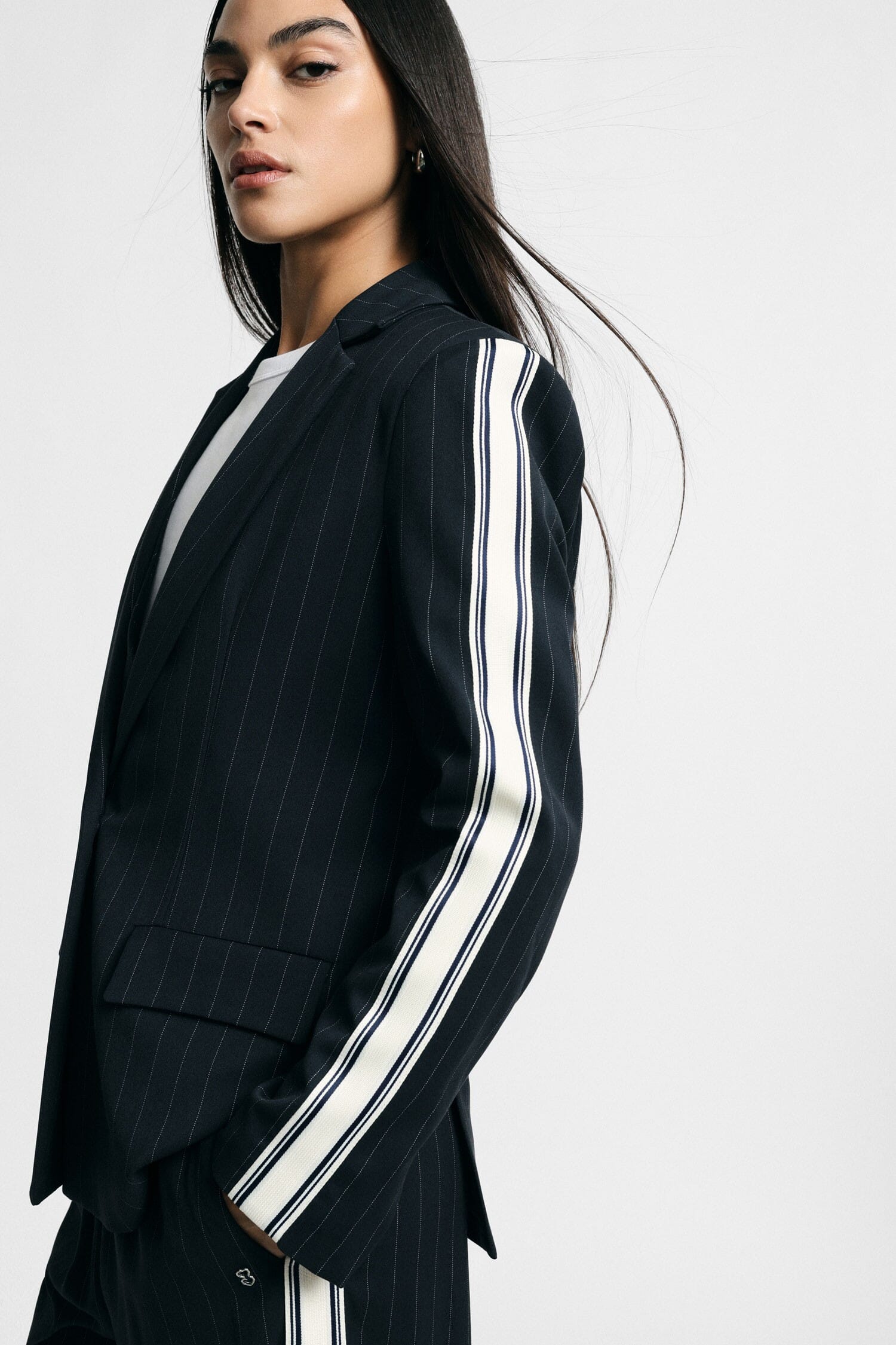 Striped Blazer with Contrast Sleeves and Button Fastening – Please