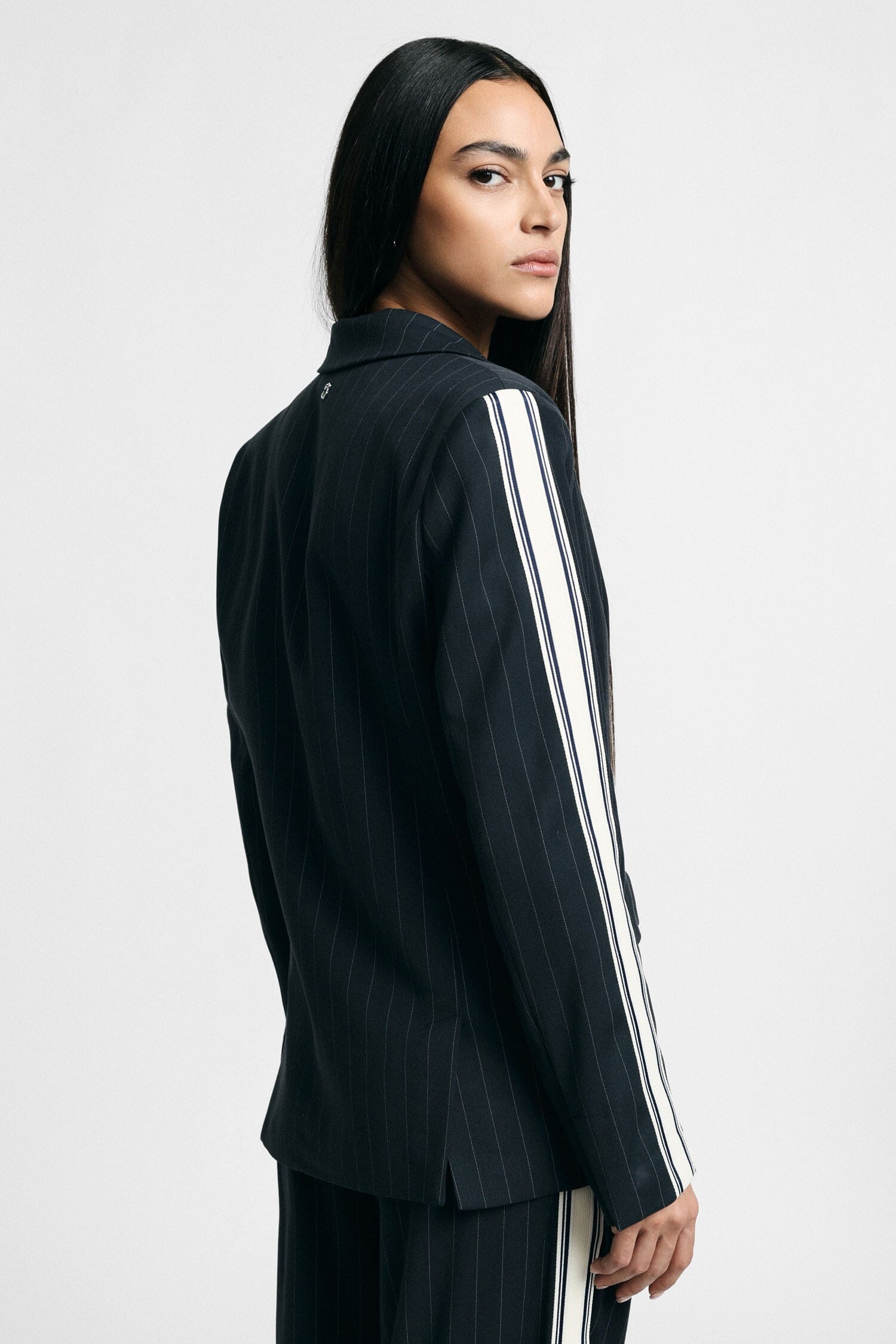 Striped Blazer with Contrast Sleeves and Button Fastening – Please