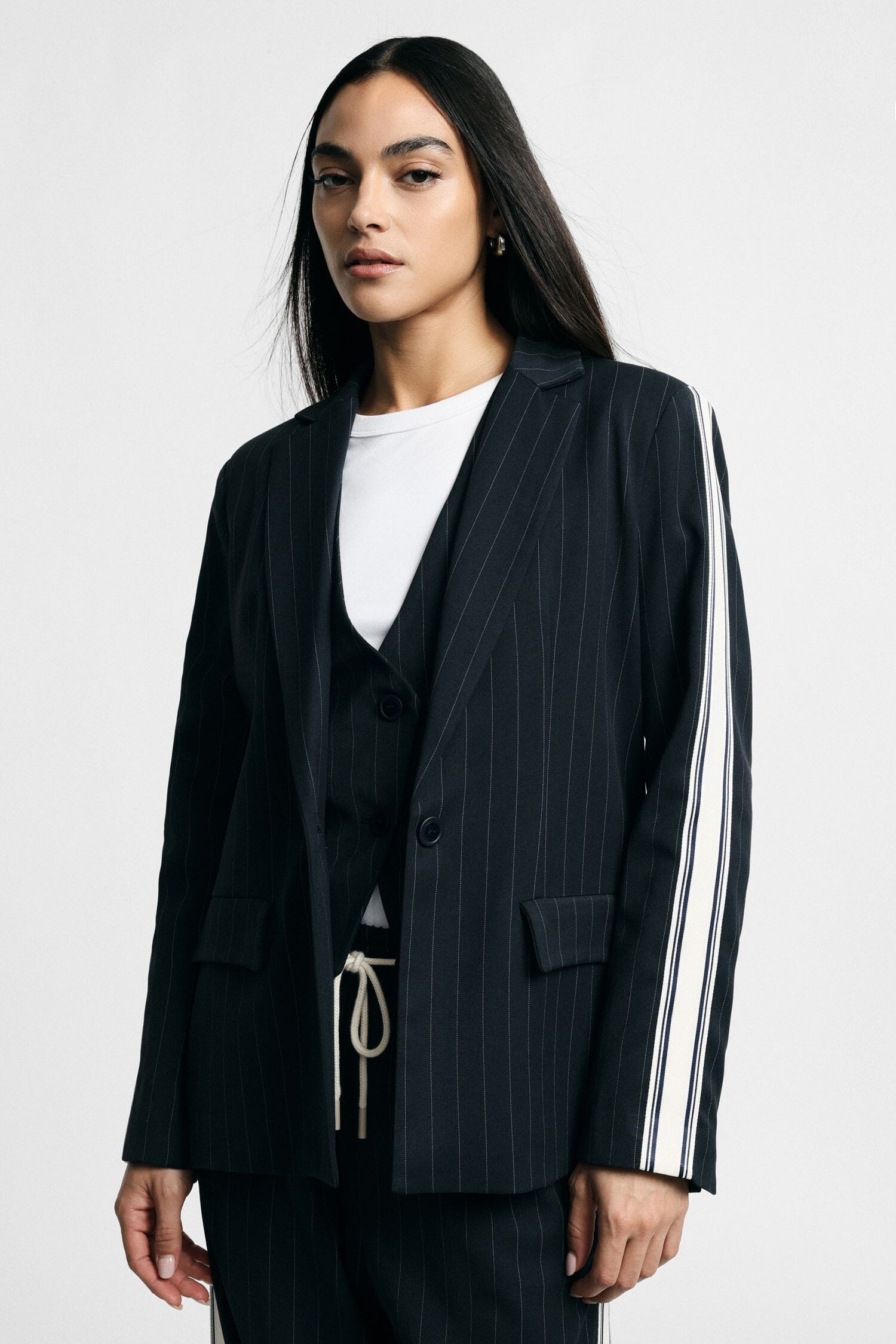 Striped Blazer with Contrast Sleeves and Button Fastening – Please
