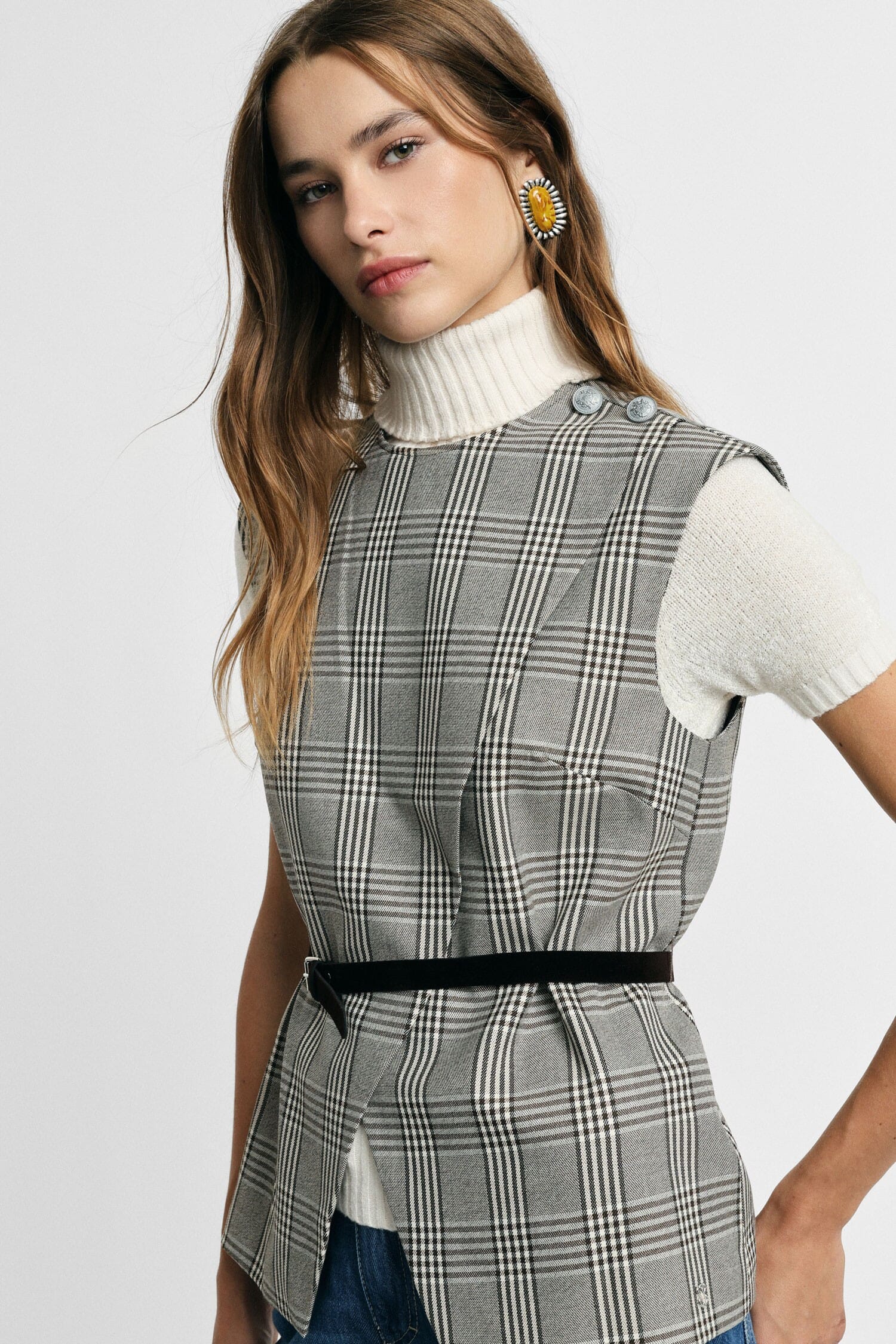 Gilet A Quadri Con Cintura E Spacco Frontale Please