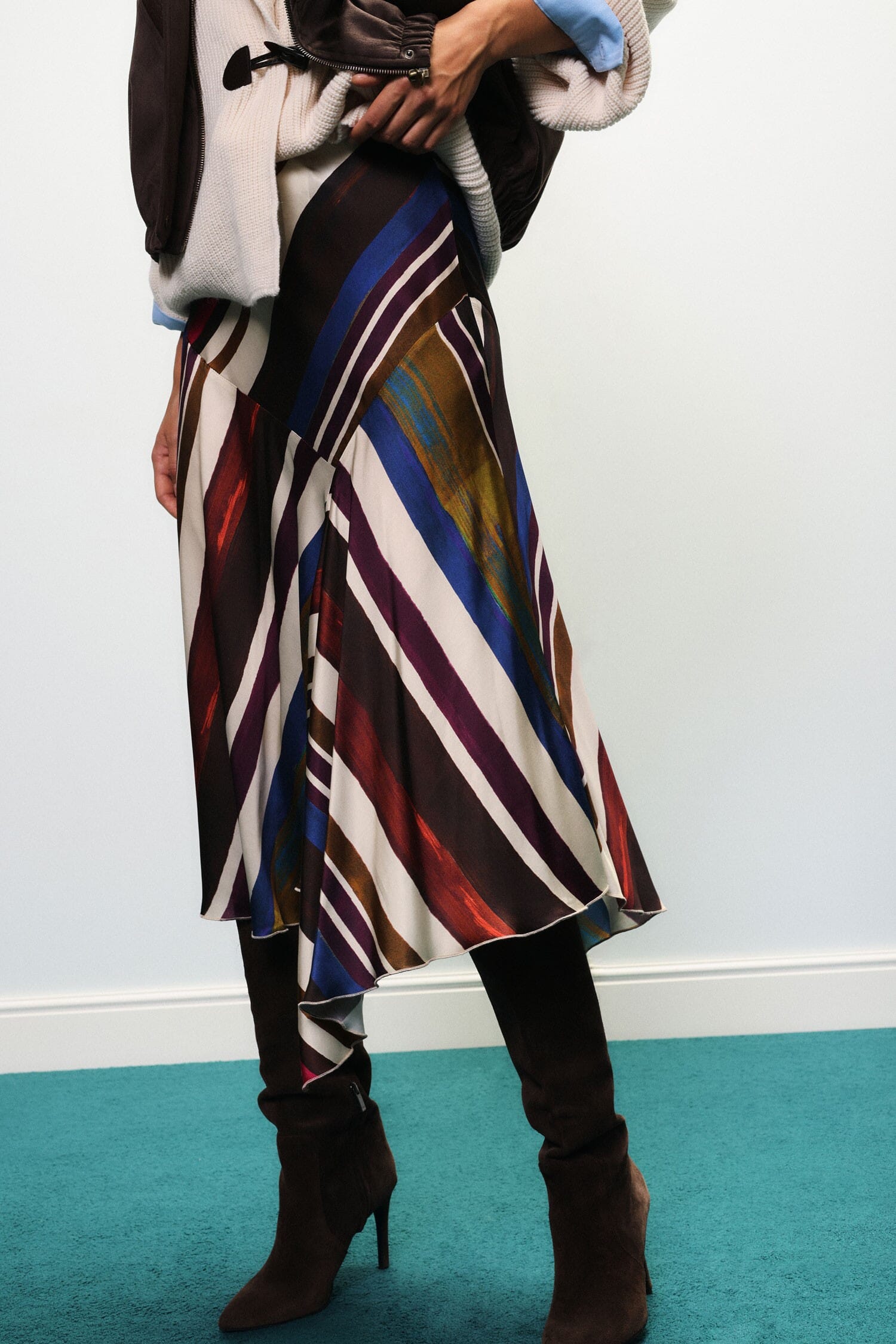 Gonna Midi Con Stampa A Righe Multicolore E Orlo Asimmetrico Dixie