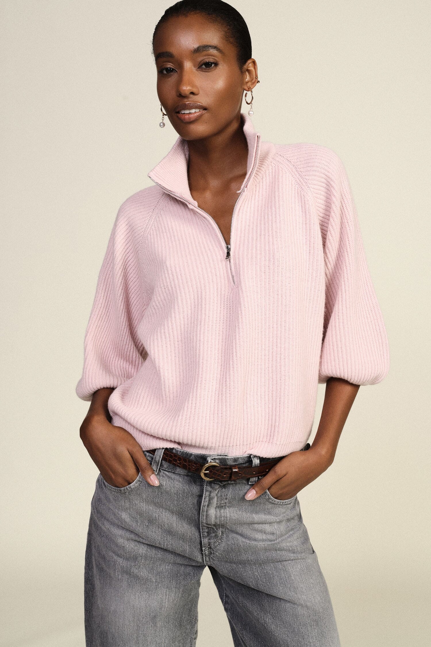 Pull à côtes avec demi-fermeture éclair et manches larges Dixie