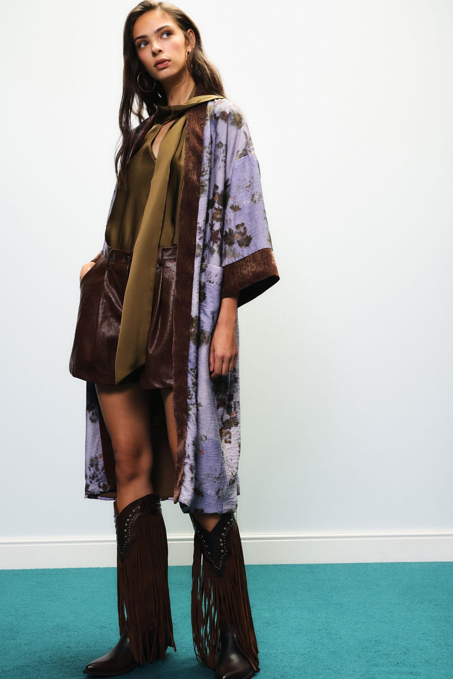 Dixie Floral-Print Duster Coat with Contrast Trimming