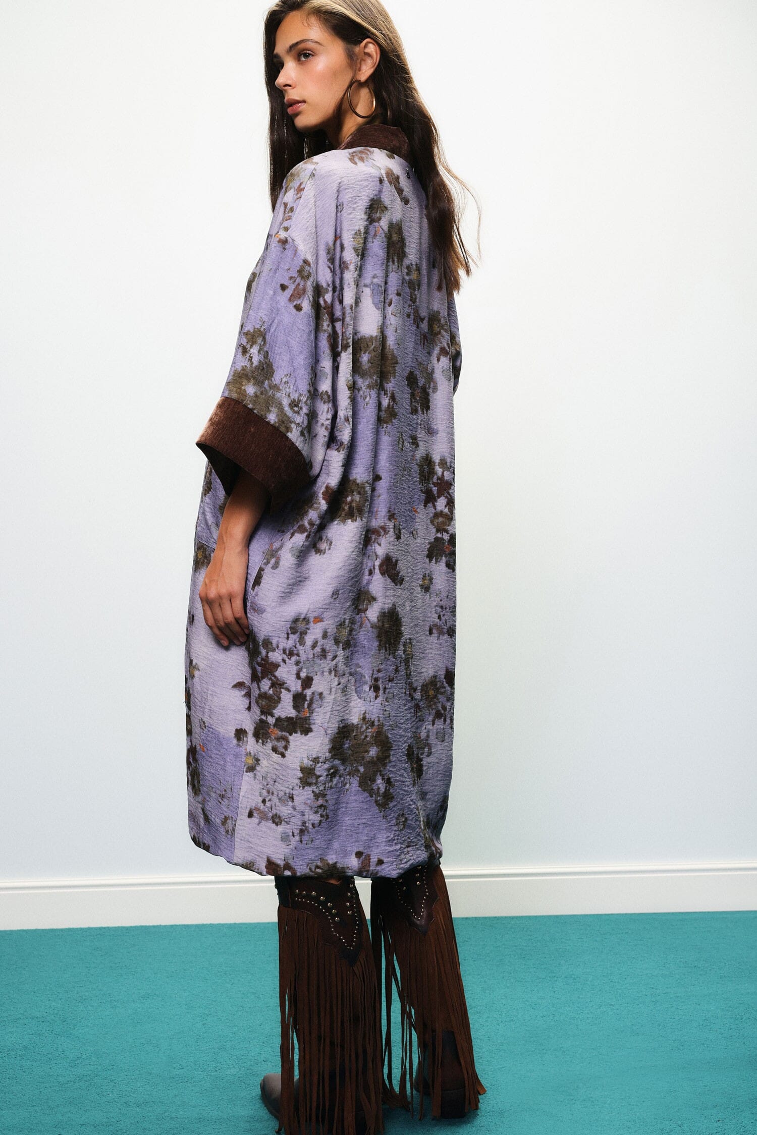 Dixie Floral-Print Duster Coat with Contrast Trimming