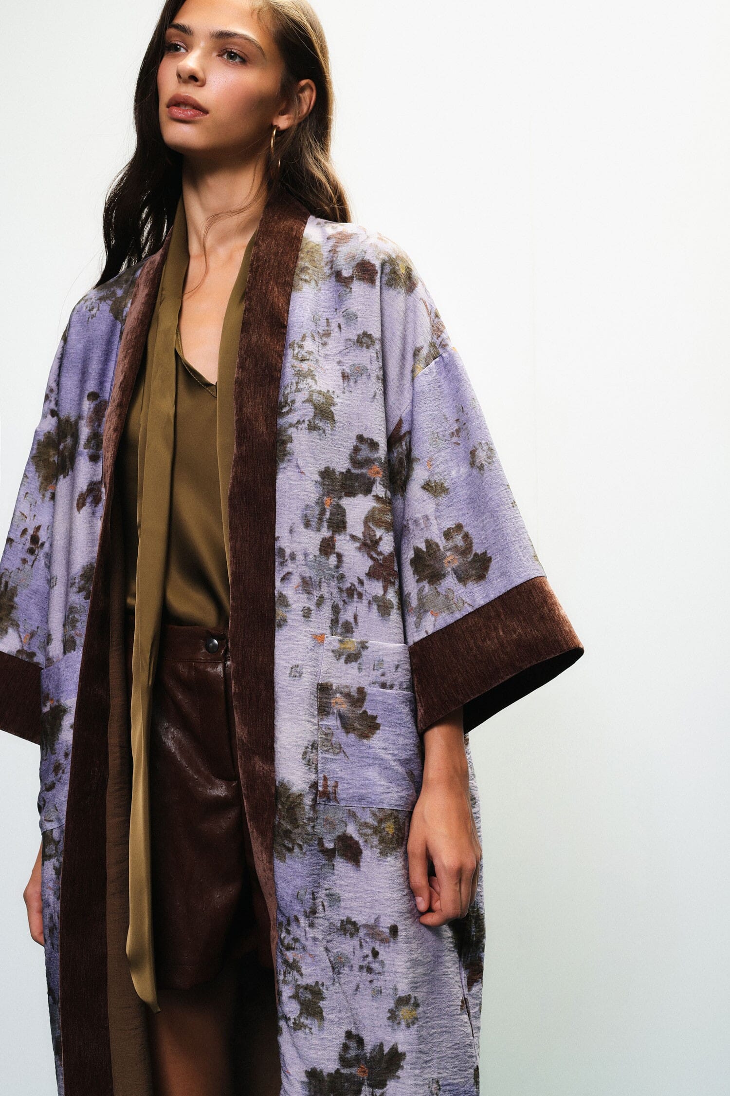 Dixie Floral-Print Duster Coat with Contrast Trimming