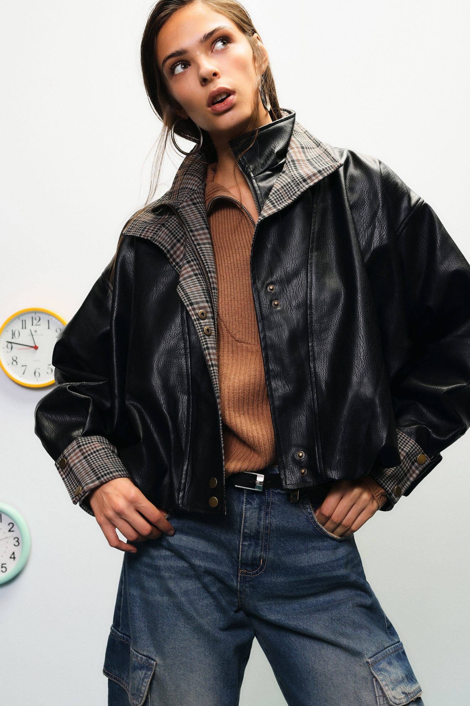 Dixie Short Bomber Jacket with Chequered Collar and Elasticated Cuffs