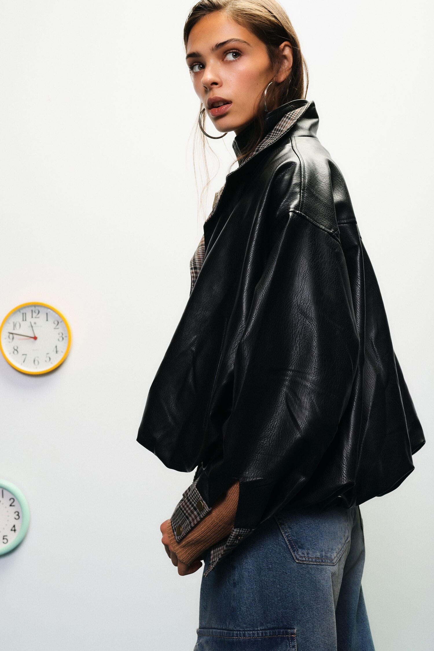 Dixie Short Bomber Jacket with Chequered Collar and Elasticated Cuffs