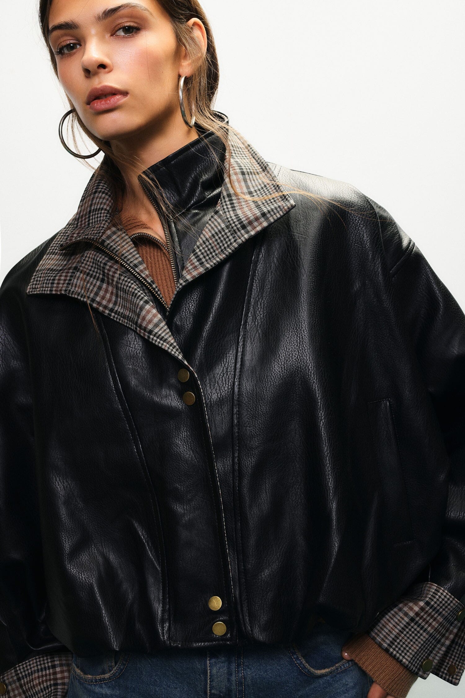 Dixie Short Bomber Jacket with Chequered Collar and Elasticated Cuffs