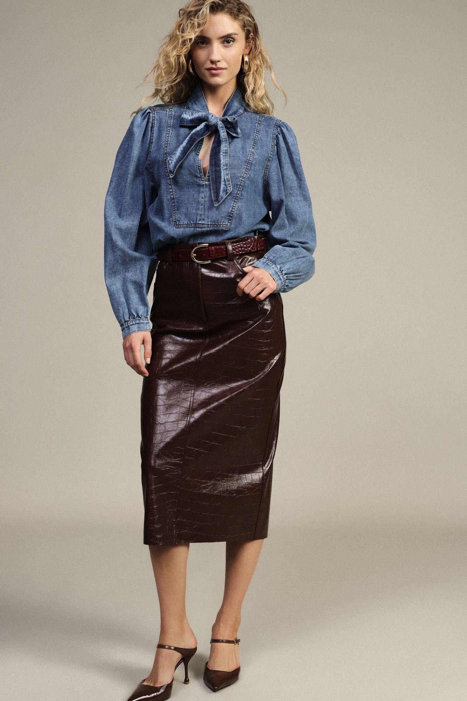 Dixie High-Waisted Midi Skirt with Crocodile-Effect Print