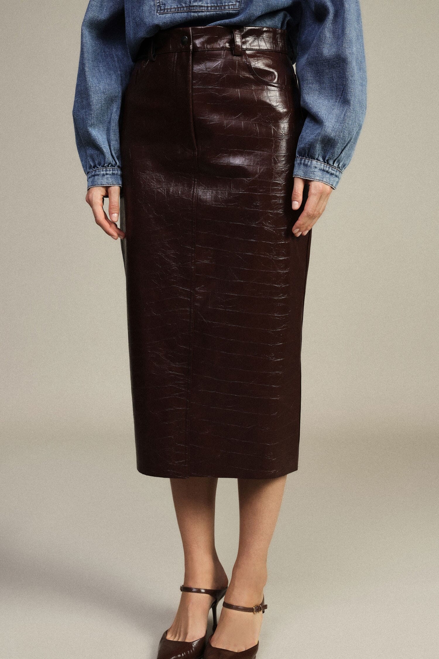 Dixie High-Waisted Midi Skirt with Crocodile-Effect Print