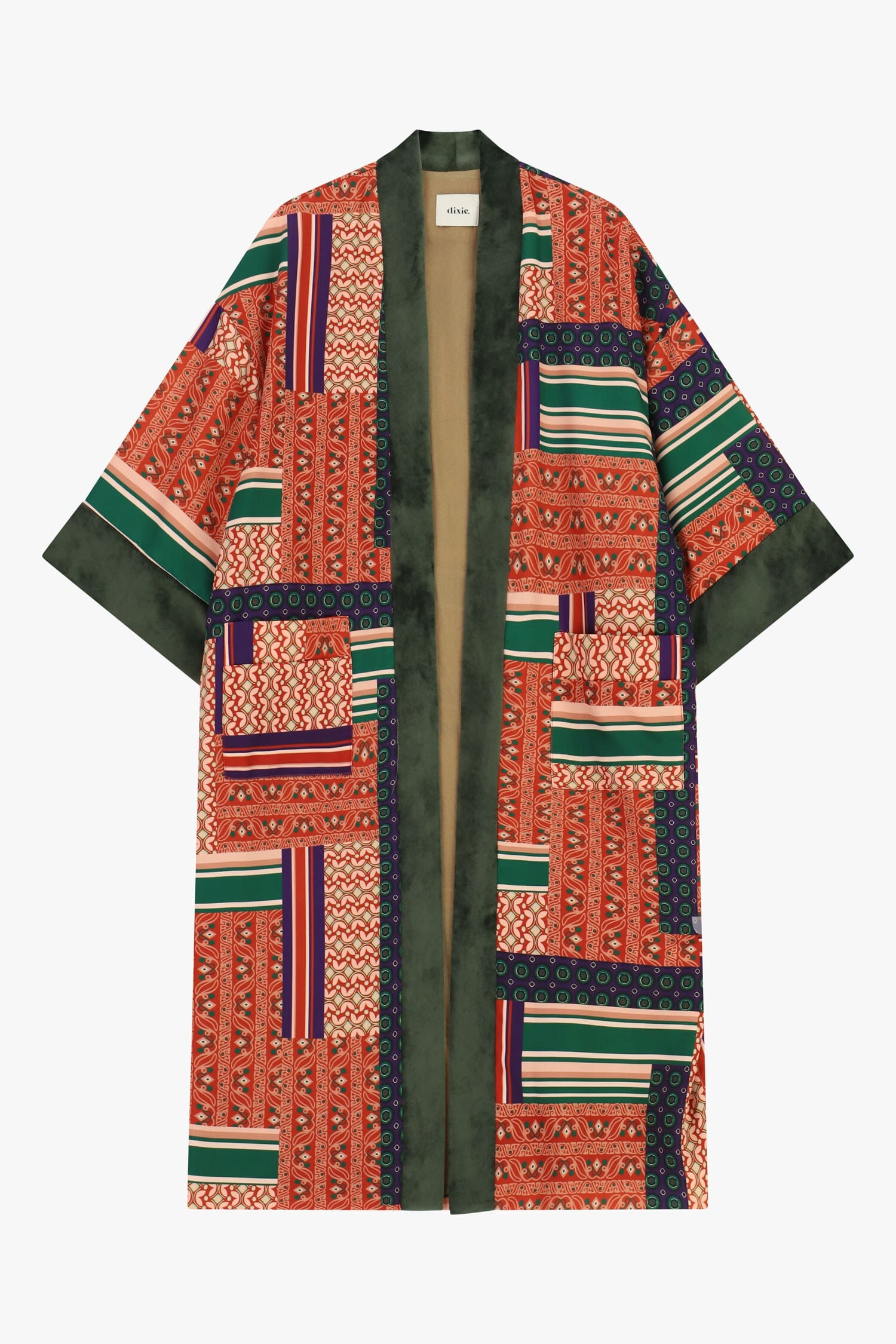 Dixie Patchwork-Print Duster Coat with Front Pockets