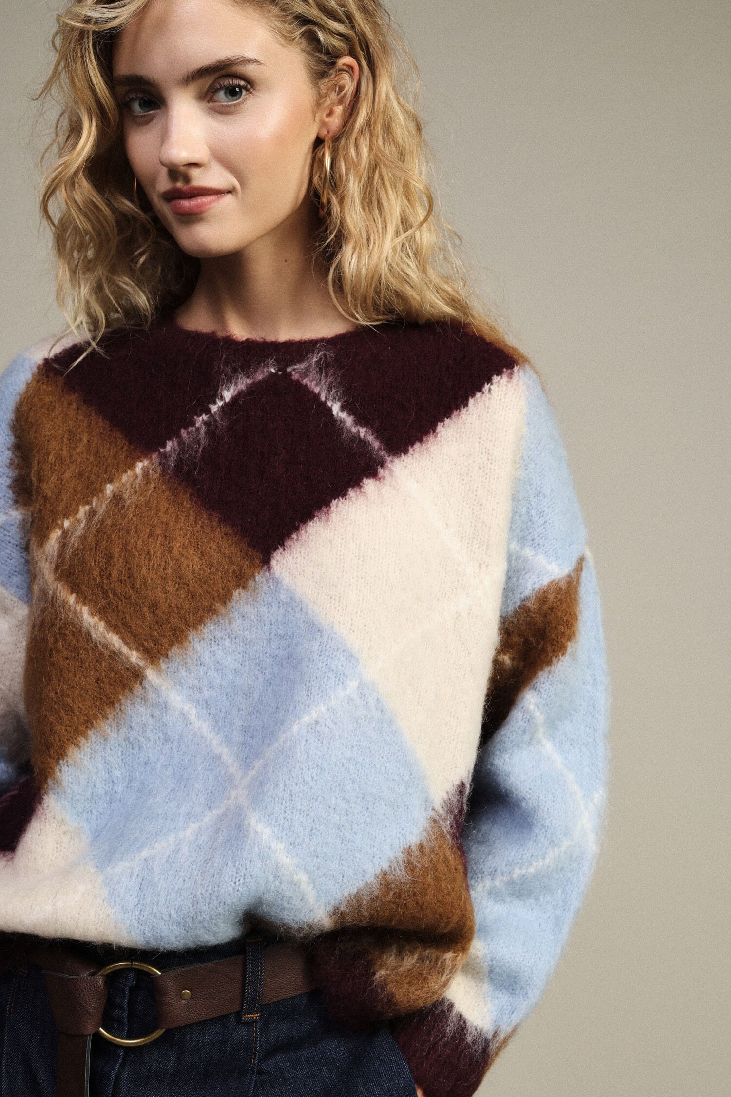Dixie Long-Sleeved Crewneck Sweater with Diamond Pattern