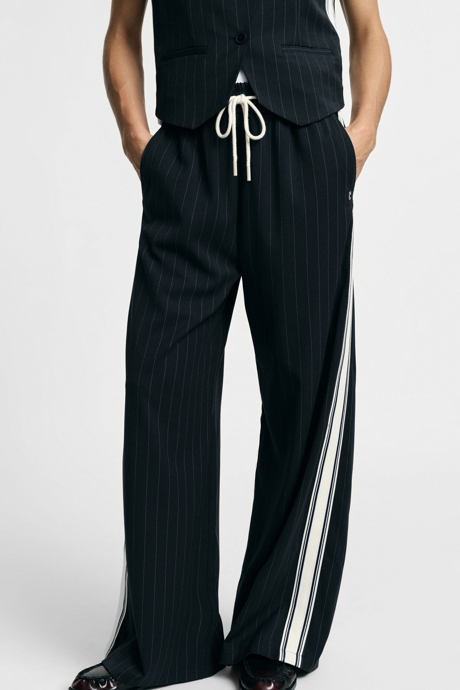 Striped Palazzo Trousers with Drawstring and Side Panels Please