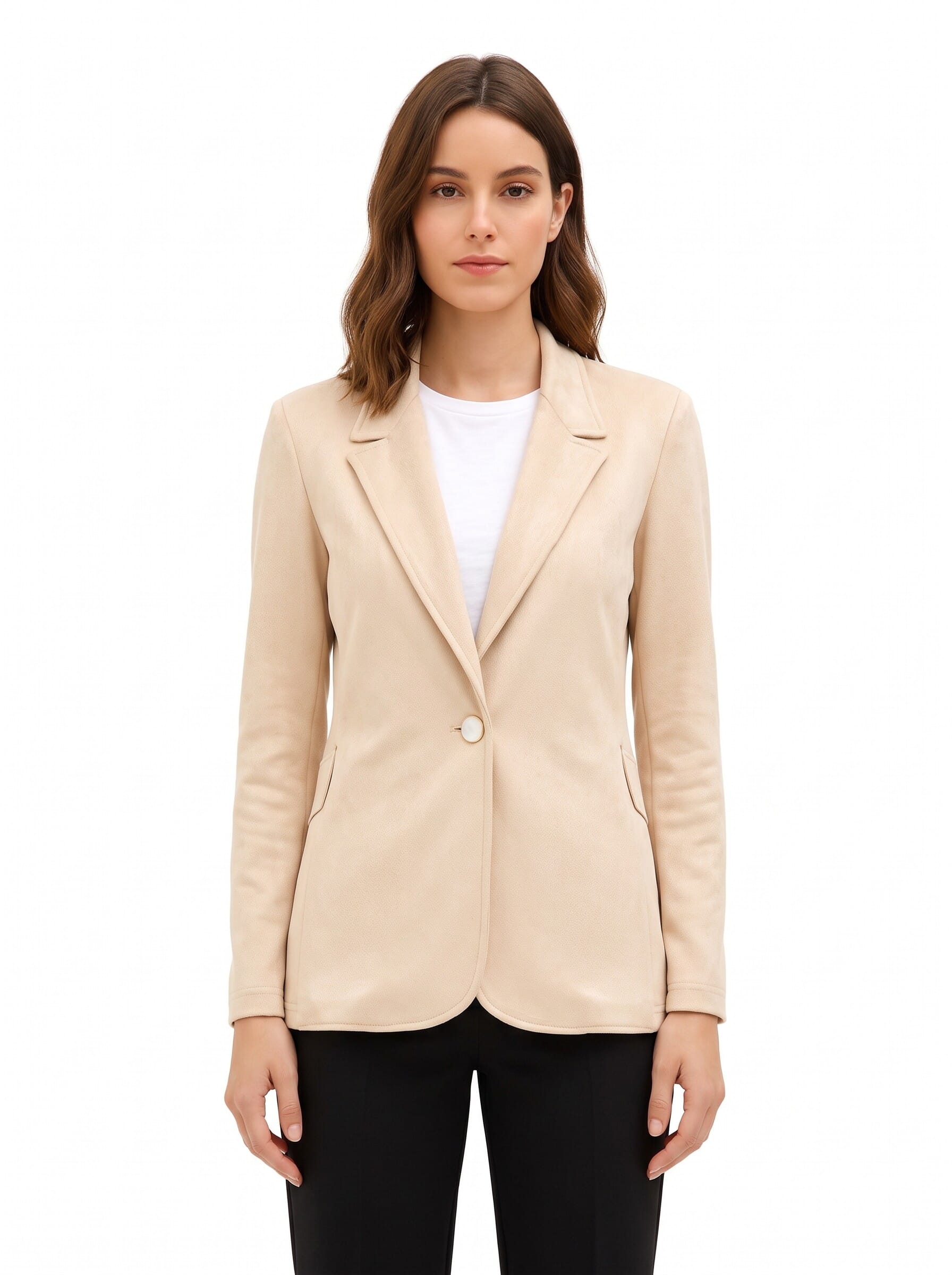 Faux Calfskin Blazer Jacket with Mother-of-Pearl-Effect Buttons by Rinascimento