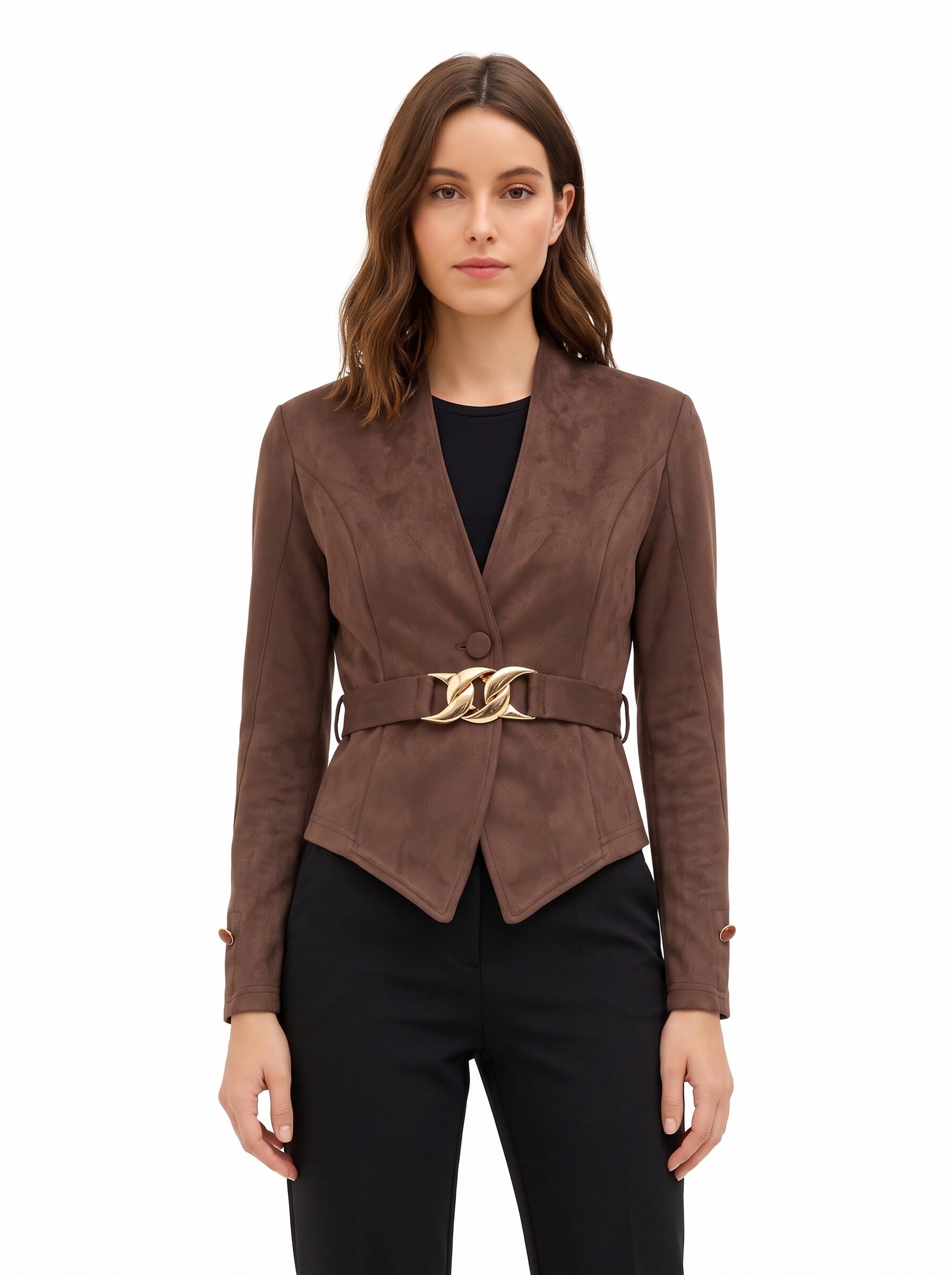 Giacca Blazer Corta Sfiancata In Simil-Dainetto Con Cintura Rigida Coordinata E Fibbia Catena Rinascimento
