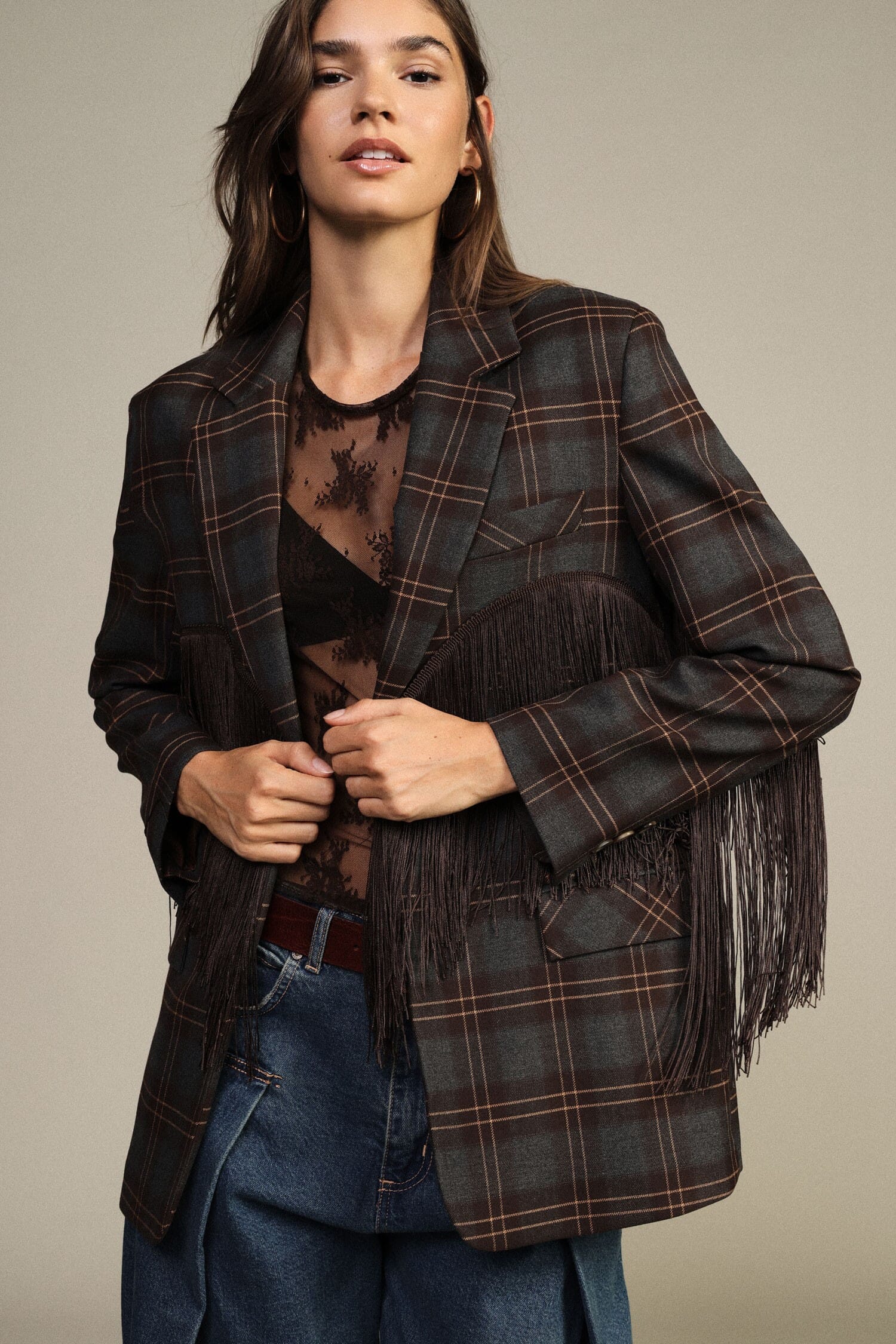 Dixie Checked Blazer with Decorative Fringing