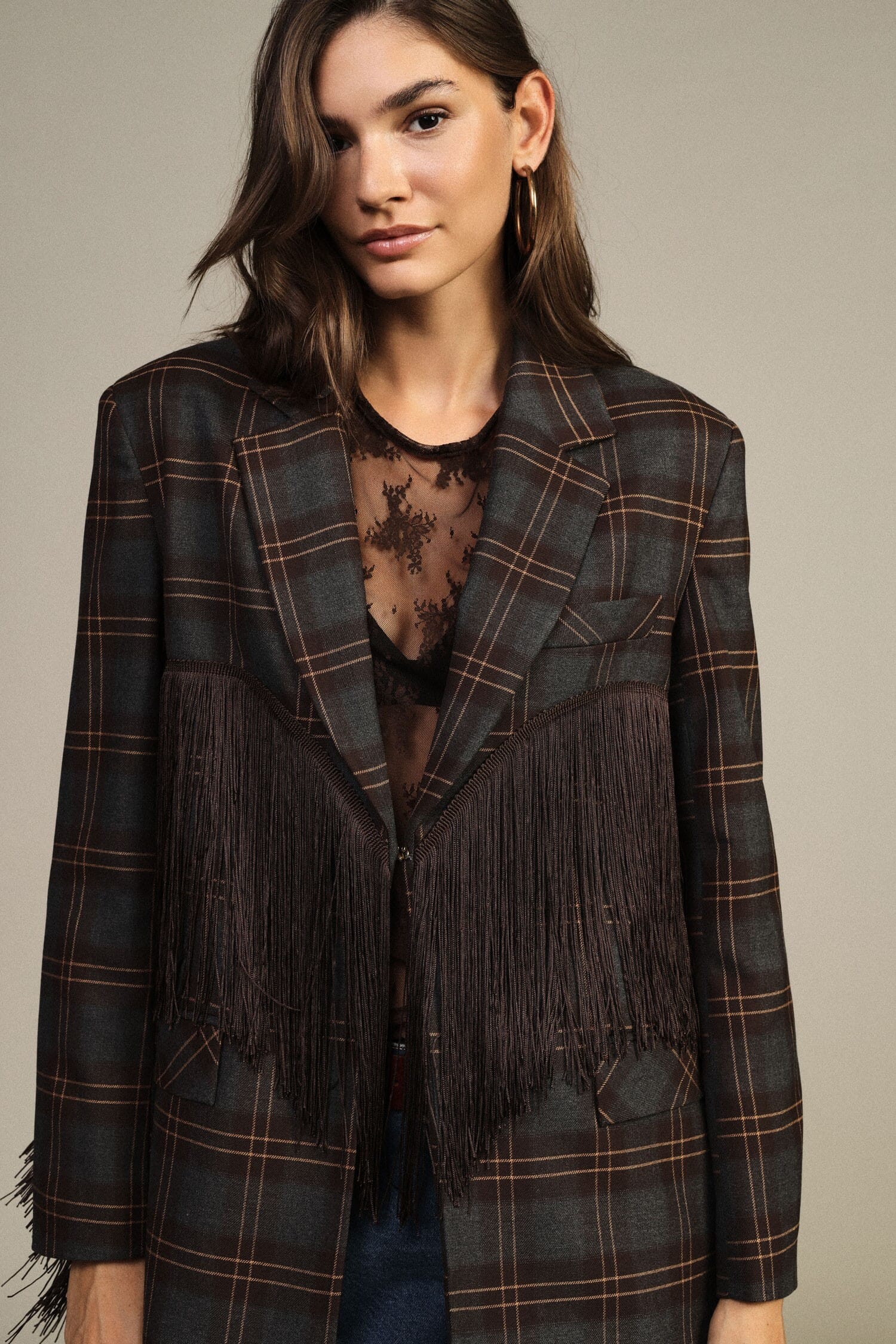 Dixie Checked Blazer with Decorative Fringing