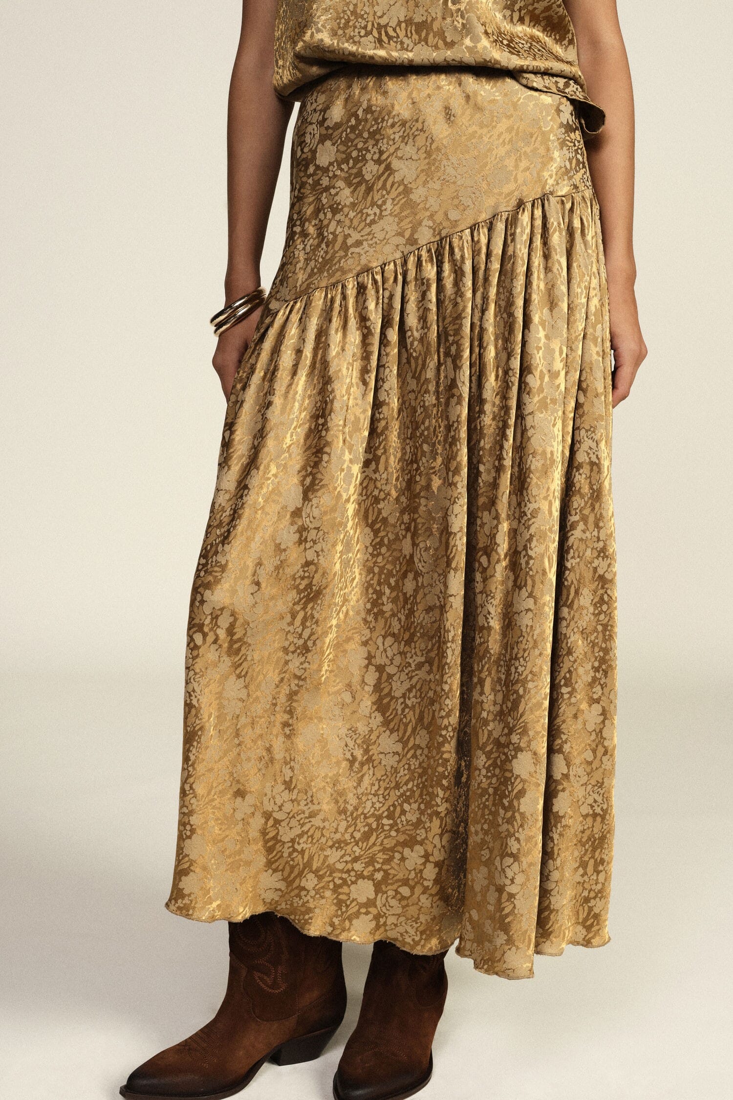 Dixie Midi Skirt with Floral Print and Asymmetrical Hem
