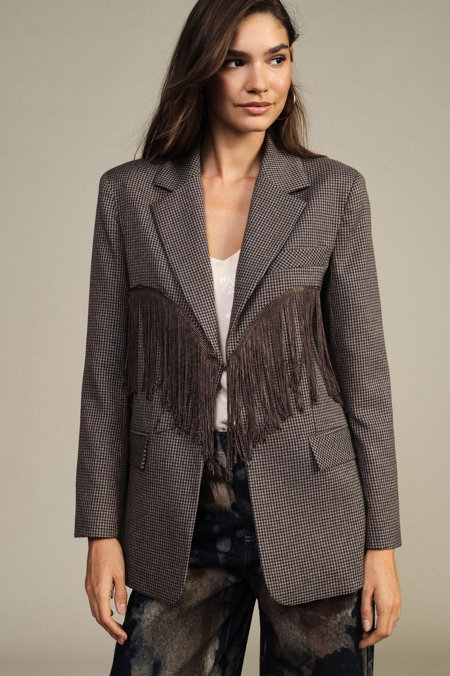 Checked Blazer with Decorative Fringes and Dixie Pockets