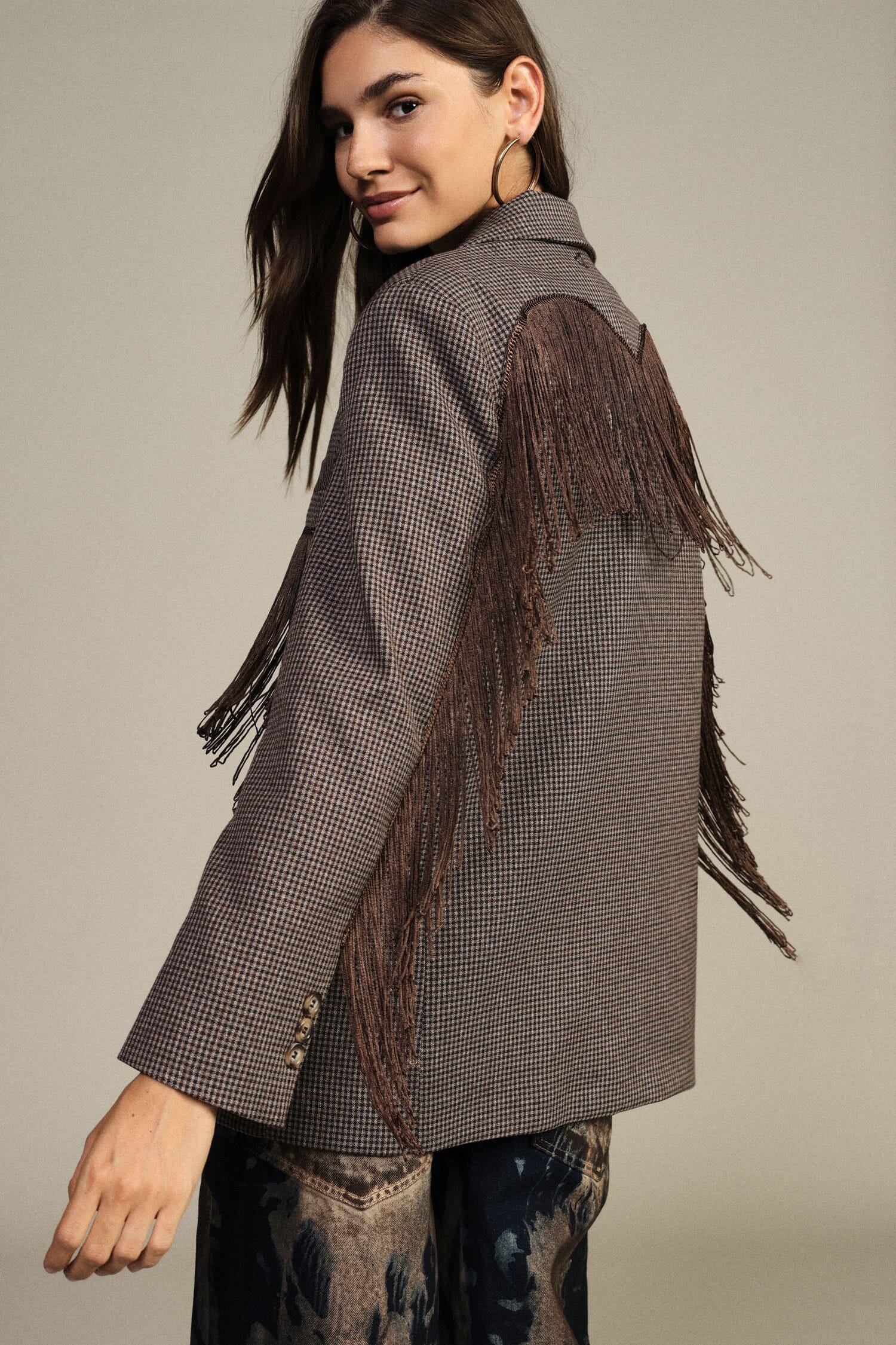 Checked Blazer with Decorative Fringes and Dixie Pockets