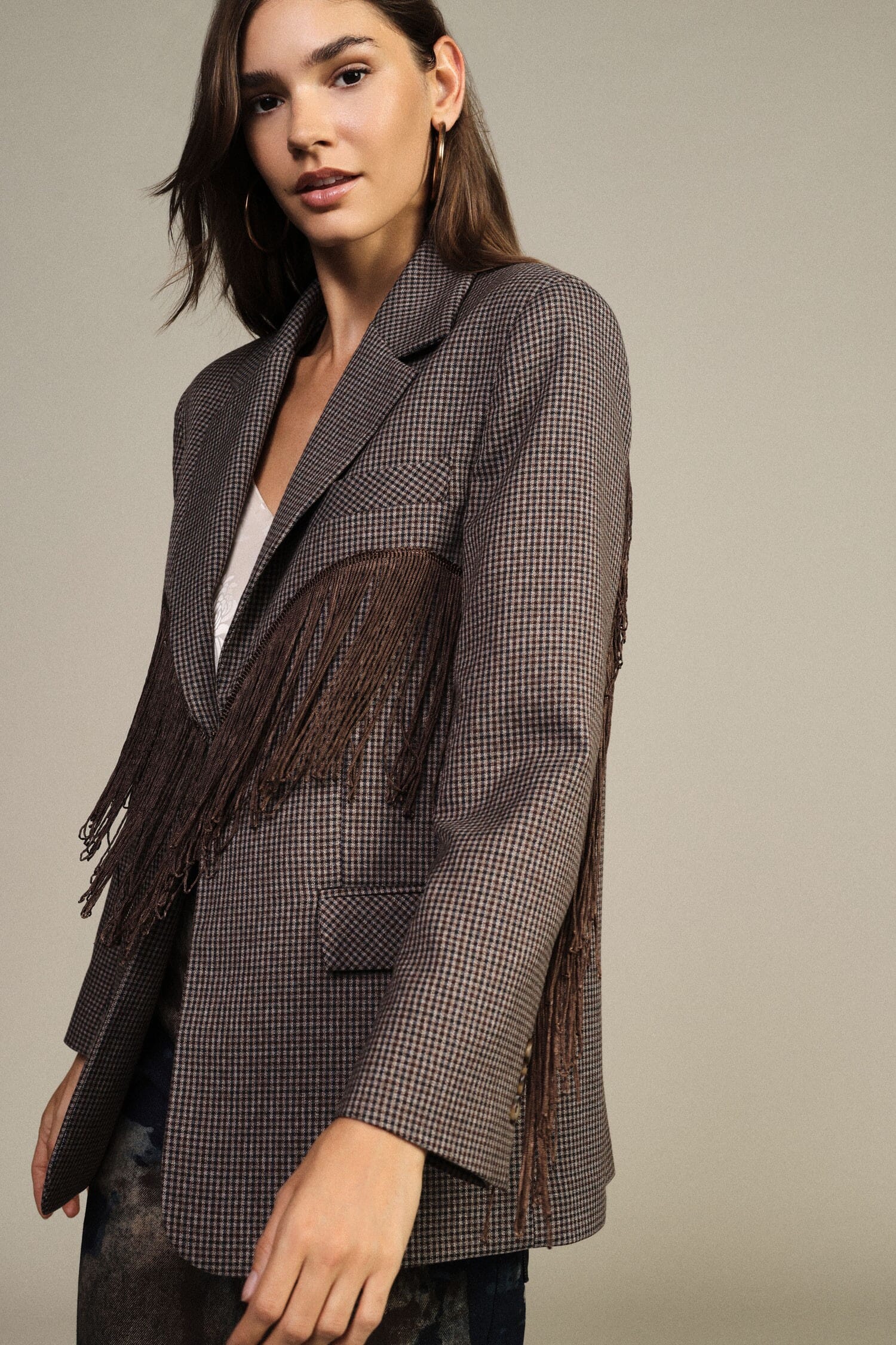 Checked Blazer with Decorative Fringes and Dixie Pockets