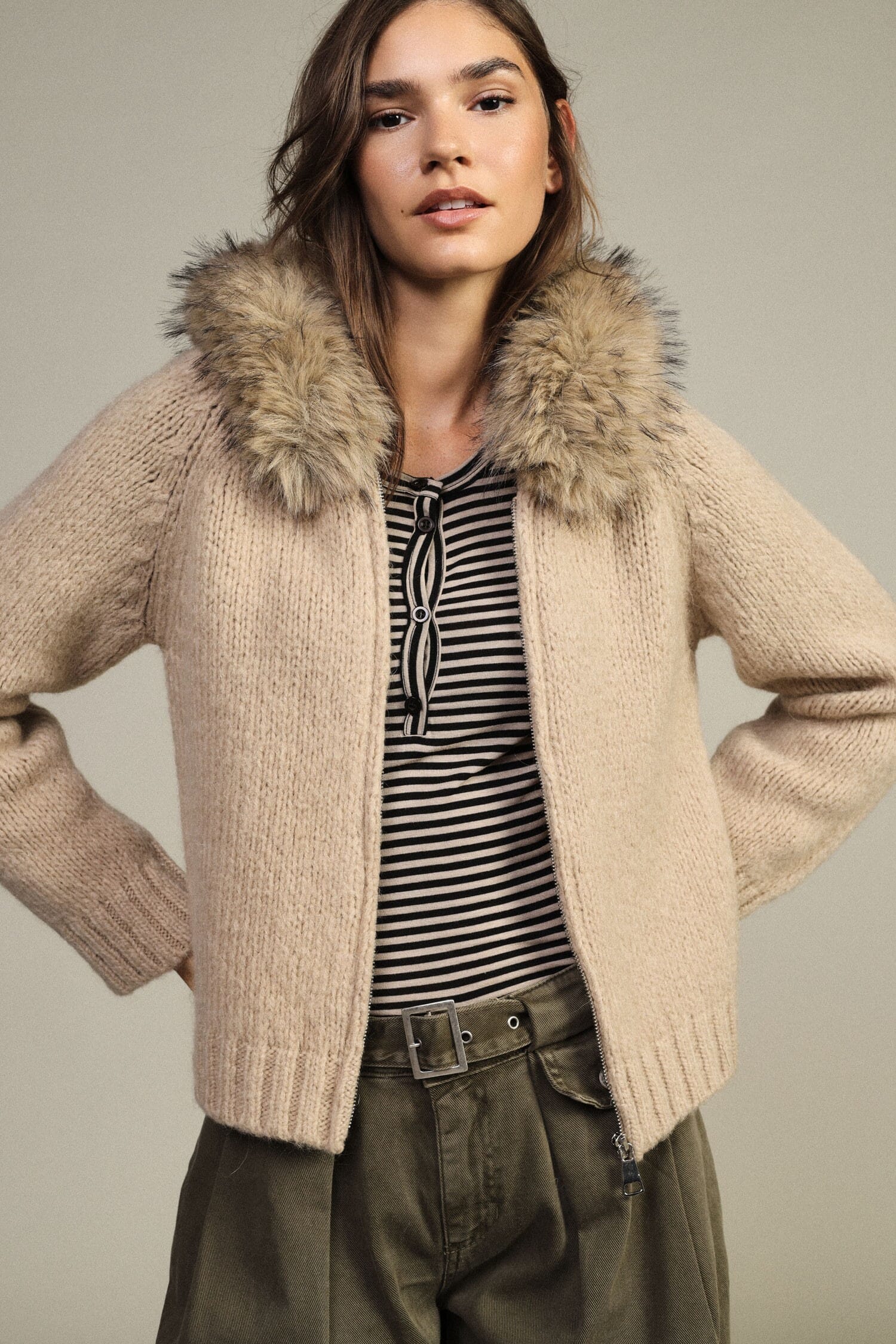 Dixie Fur-Trimmed Hooded Zip-Up Cardigan