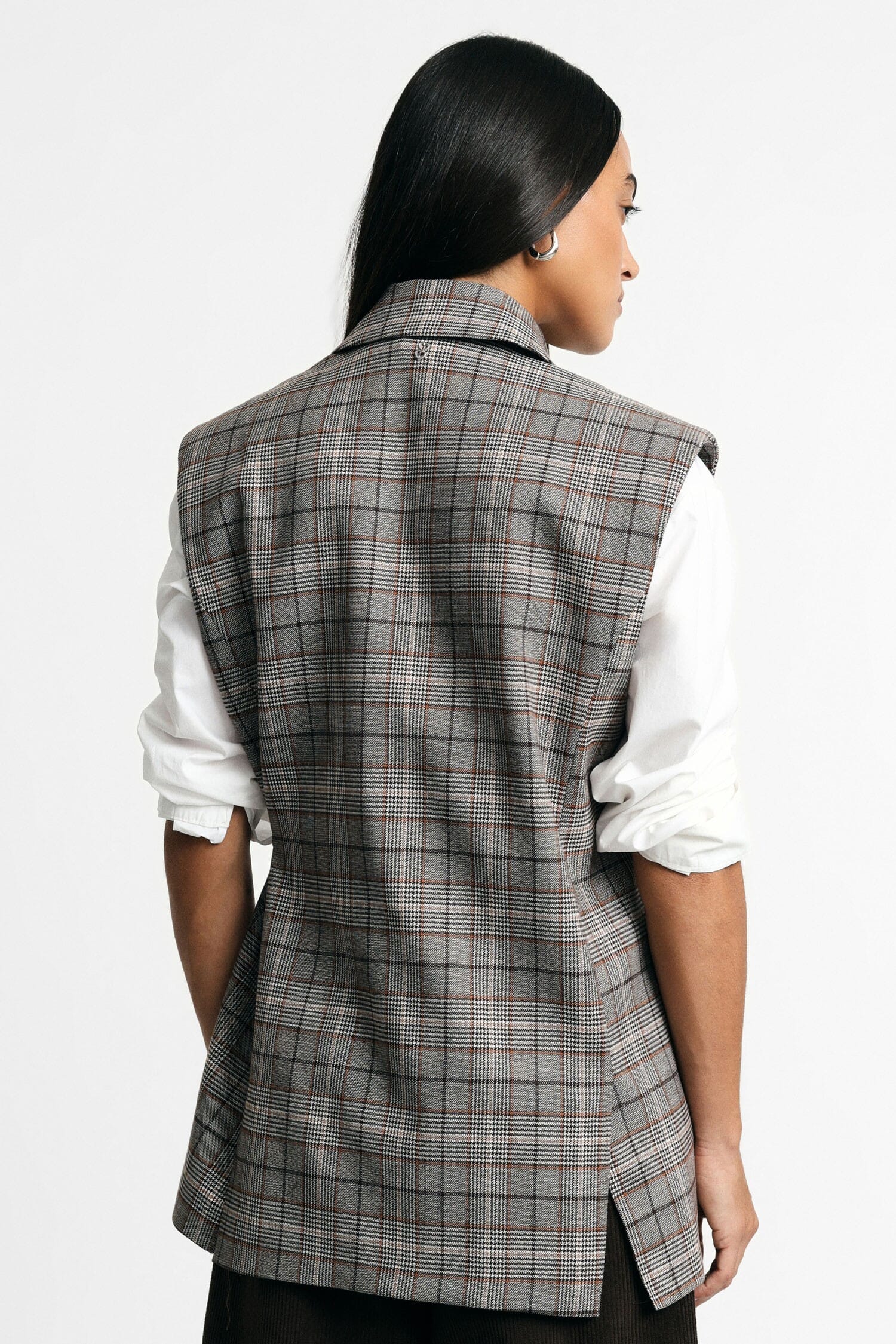 Gilet à carreaux avec ceinture sur le côté et revers, Please