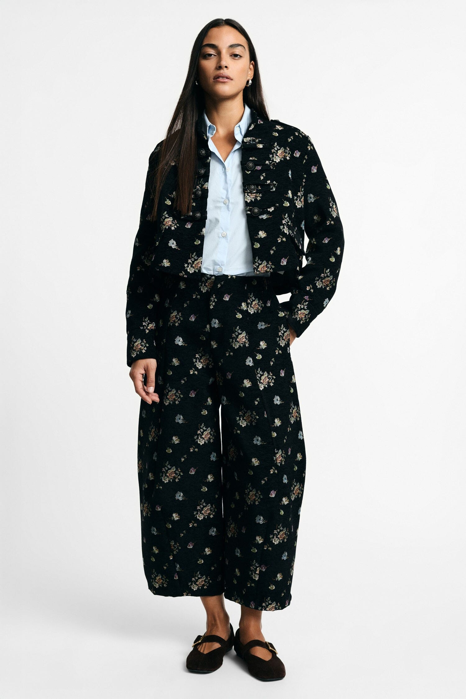Pantaloni Palazzo Ampi Vita Alta Stampa Fiori Please