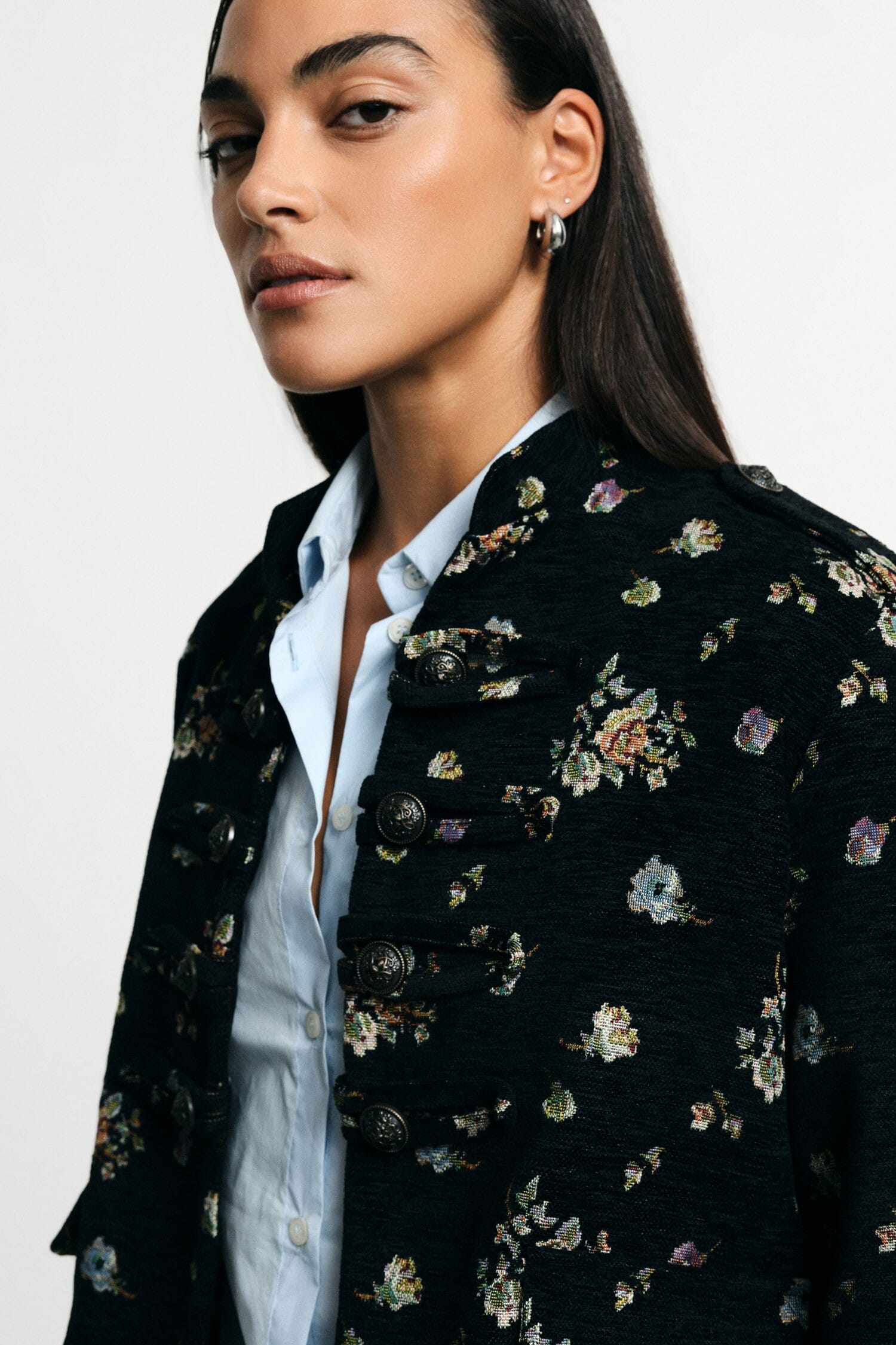 Veste-chemise courte à motif floral et boutons « Please »