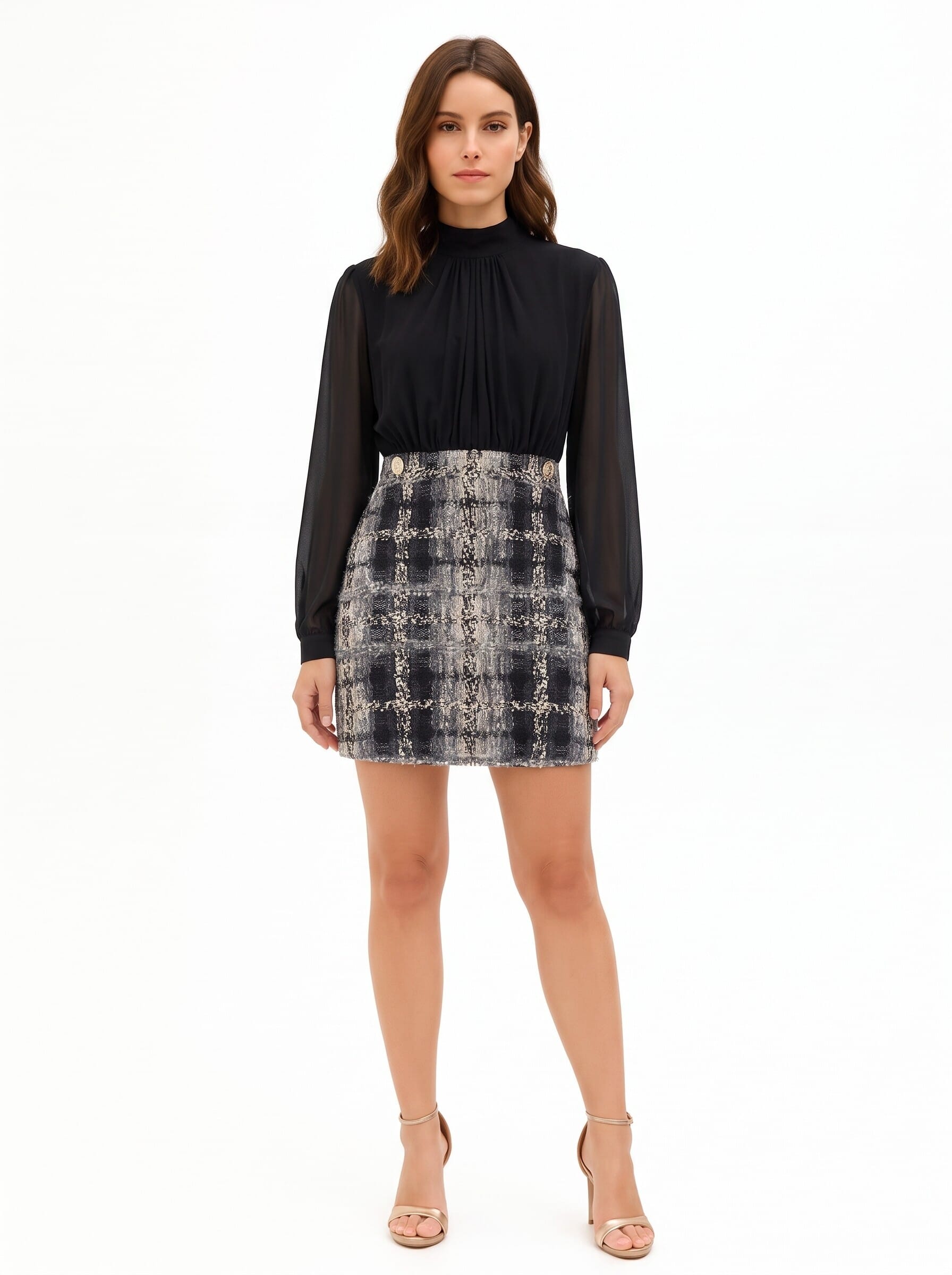 Abito Corto Effetto 2 Pezzi Con Top In Georgette E Gonna In Tweed Bouclé Con Lurex Rinascimento