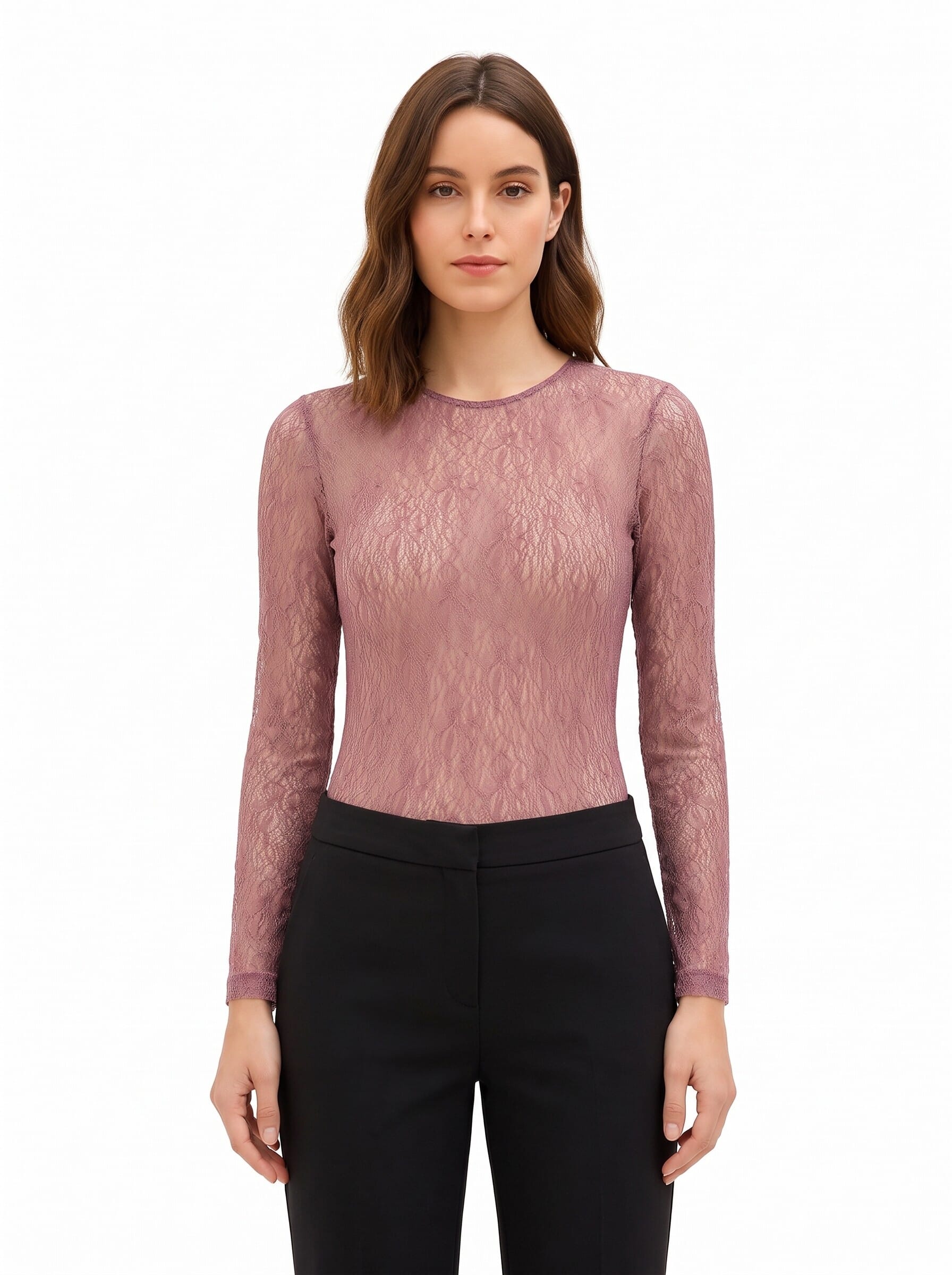 Rinascimento Fitted Lace Bodysuit with a Round Neckline