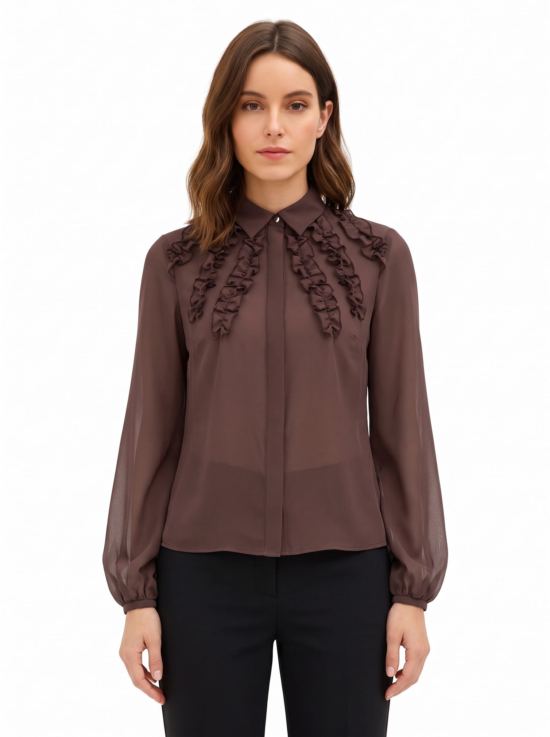 Rinascimento Fitted Georgette Blouse with Ruffles and Concealed Buttons