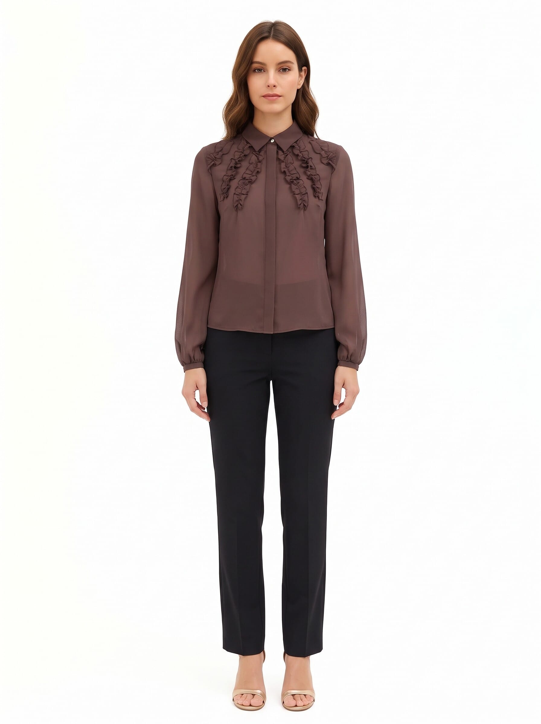 Rinascimento Fitted Georgette Blouse with Ruffles and Concealed Buttons