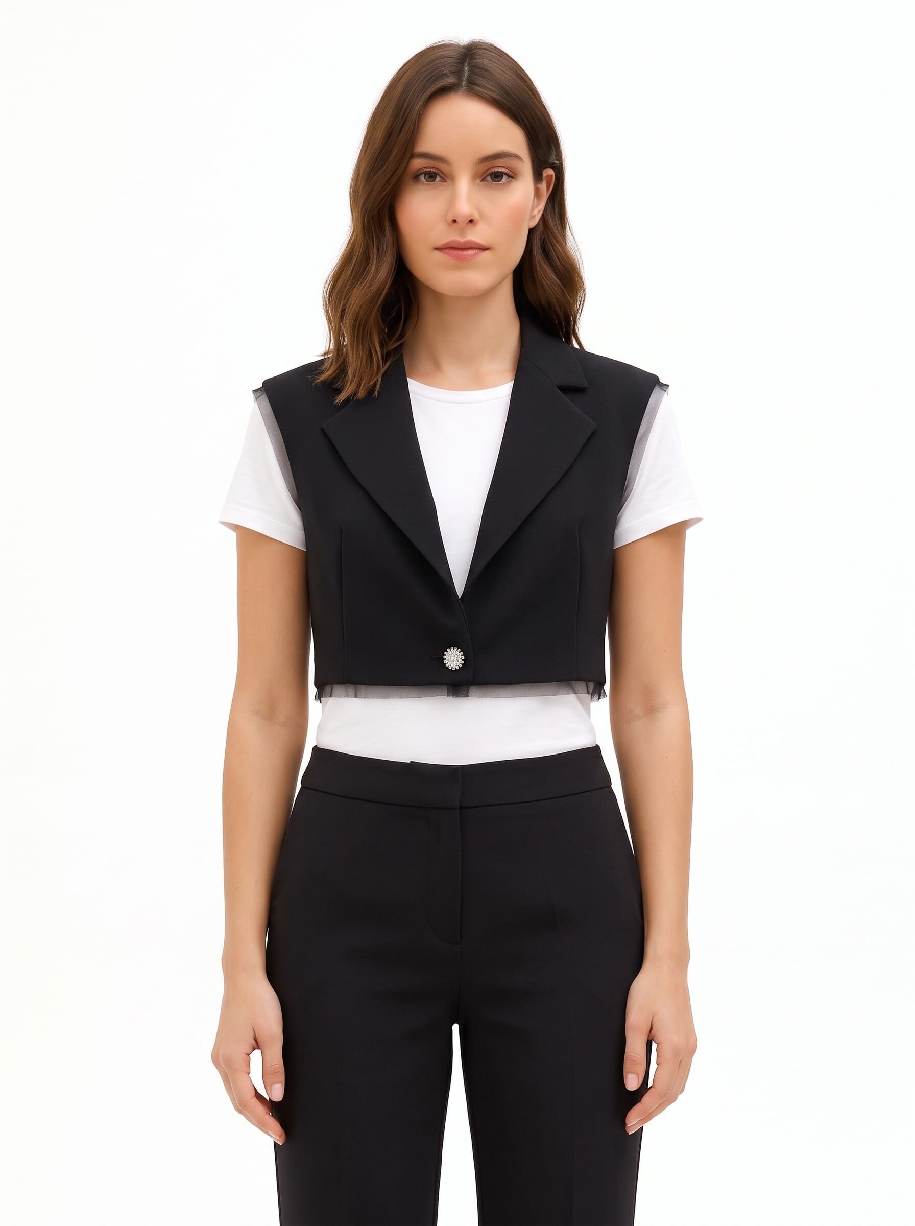 Gilet Over E Crop In Scuba Crepe Con Orli In Tulle Rinascimento