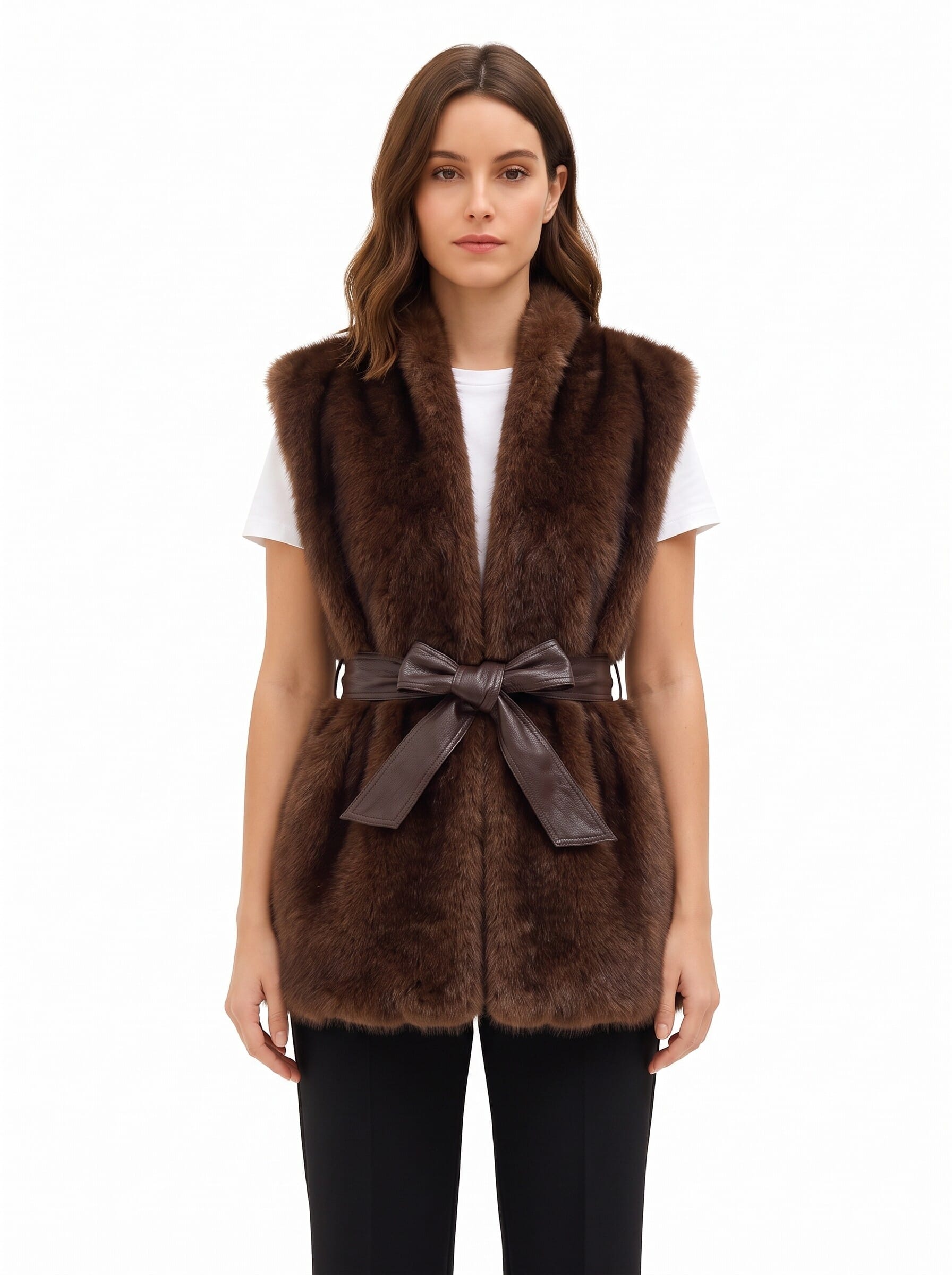 Gilet Lungo Aperto In Pelliccia Sintetica Con Cintura In Similpelle Abbinata Rinascimento