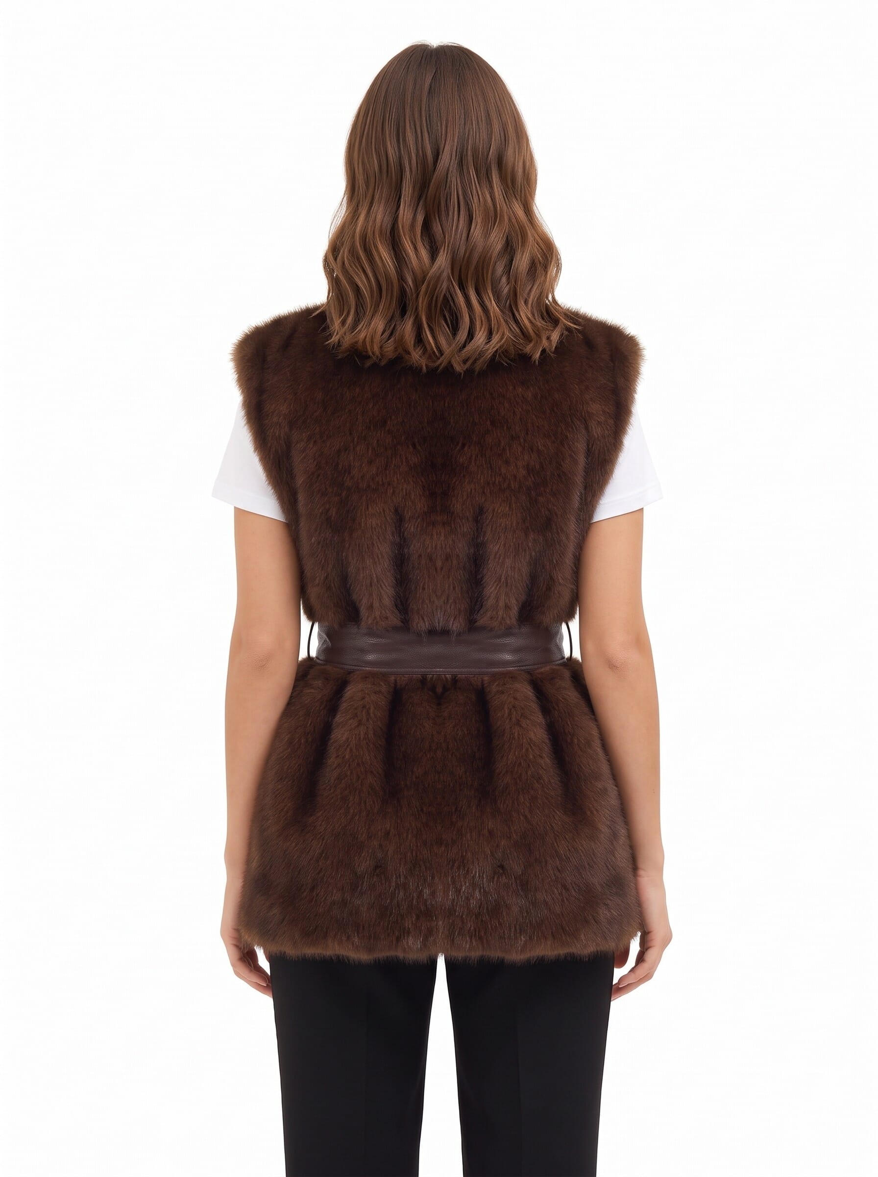 Gilet Lungo Aperto In Pelliccia Sintetica Con Cintura In Similpelle Abbinata Rinascimento