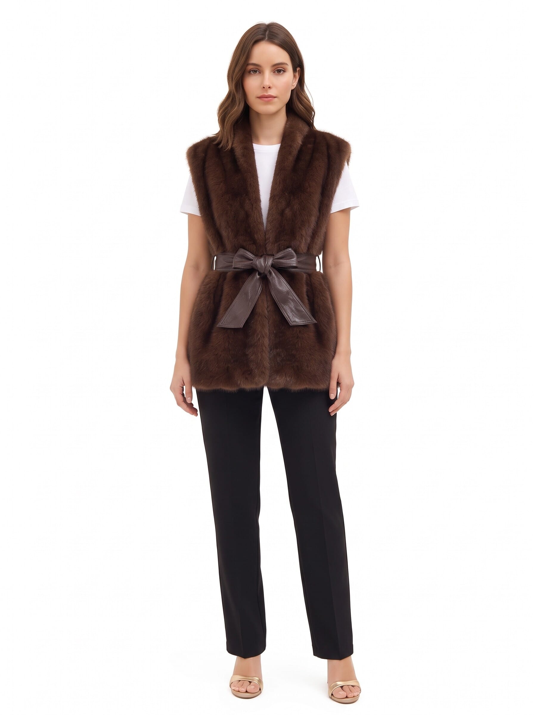 Gilet Lungo Aperto In Pelliccia Sintetica Con Cintura In Similpelle Abbinata Rinascimento