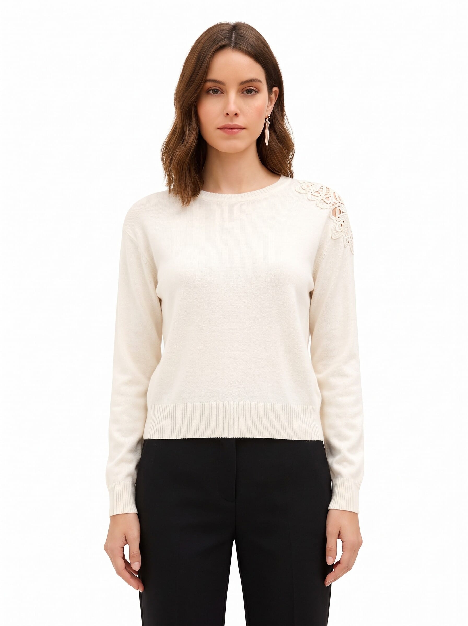 Maglione Sottile In Misto Viscosa E Lana Con Inserto Crochet Sulla Spalla Rinascimento