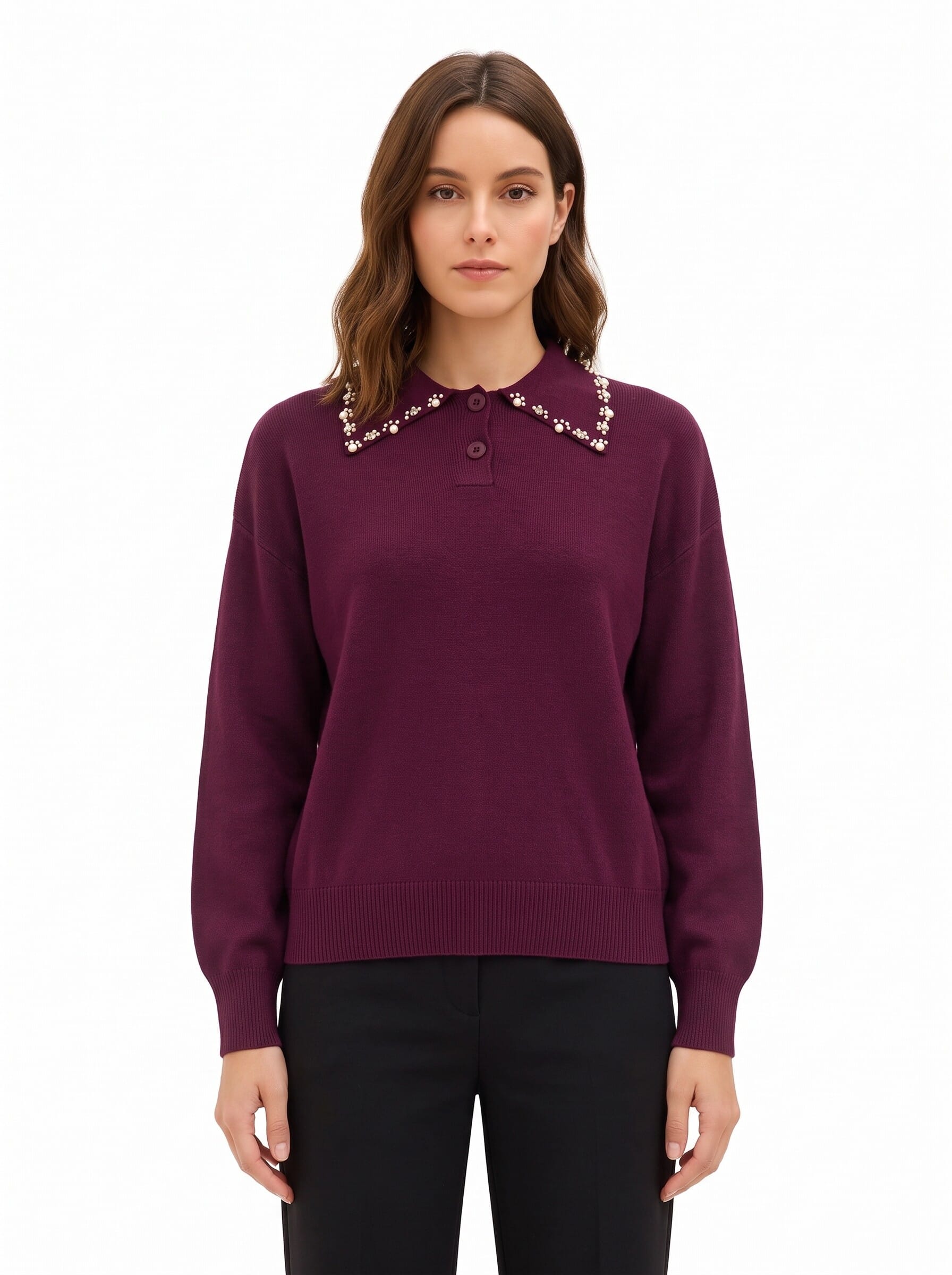Maglione Polo Ampio In Misto Viscosa Con Cristalli Cabochon Sul Colletto Rinascimento