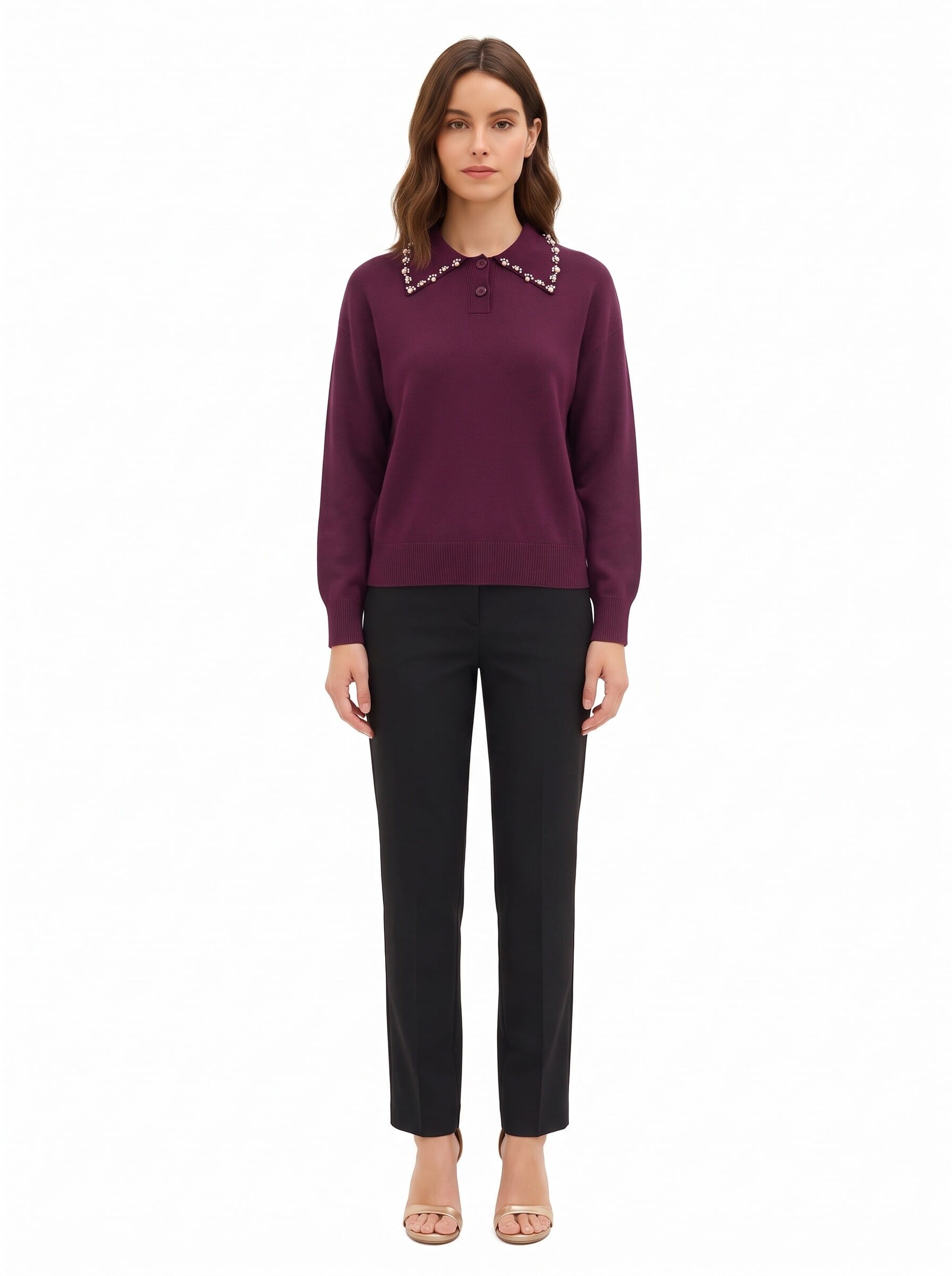 Maglione Polo Ampio In Misto Viscosa Con Cristalli Cabochon Sul Colletto Rinascimento