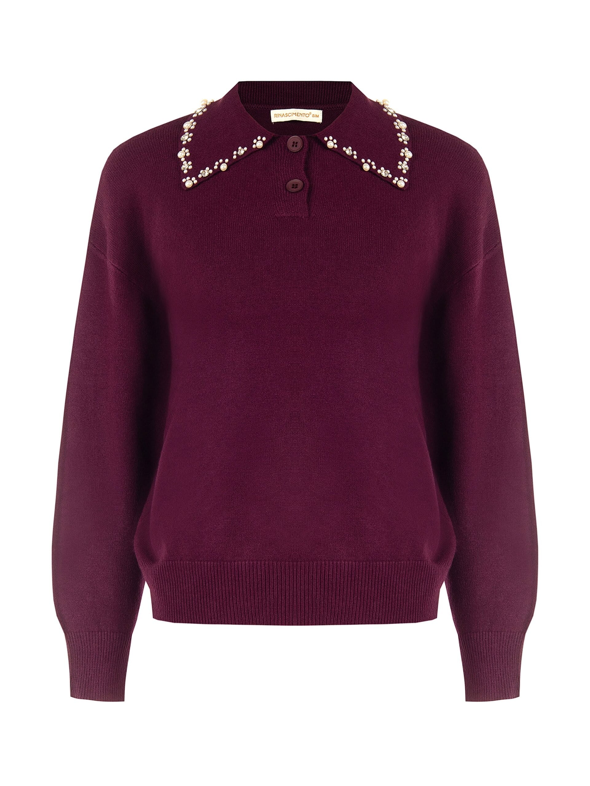 Maglione Polo Ampio In Misto Viscosa Con Cristalli Cabochon Sul Colletto Rinascimento