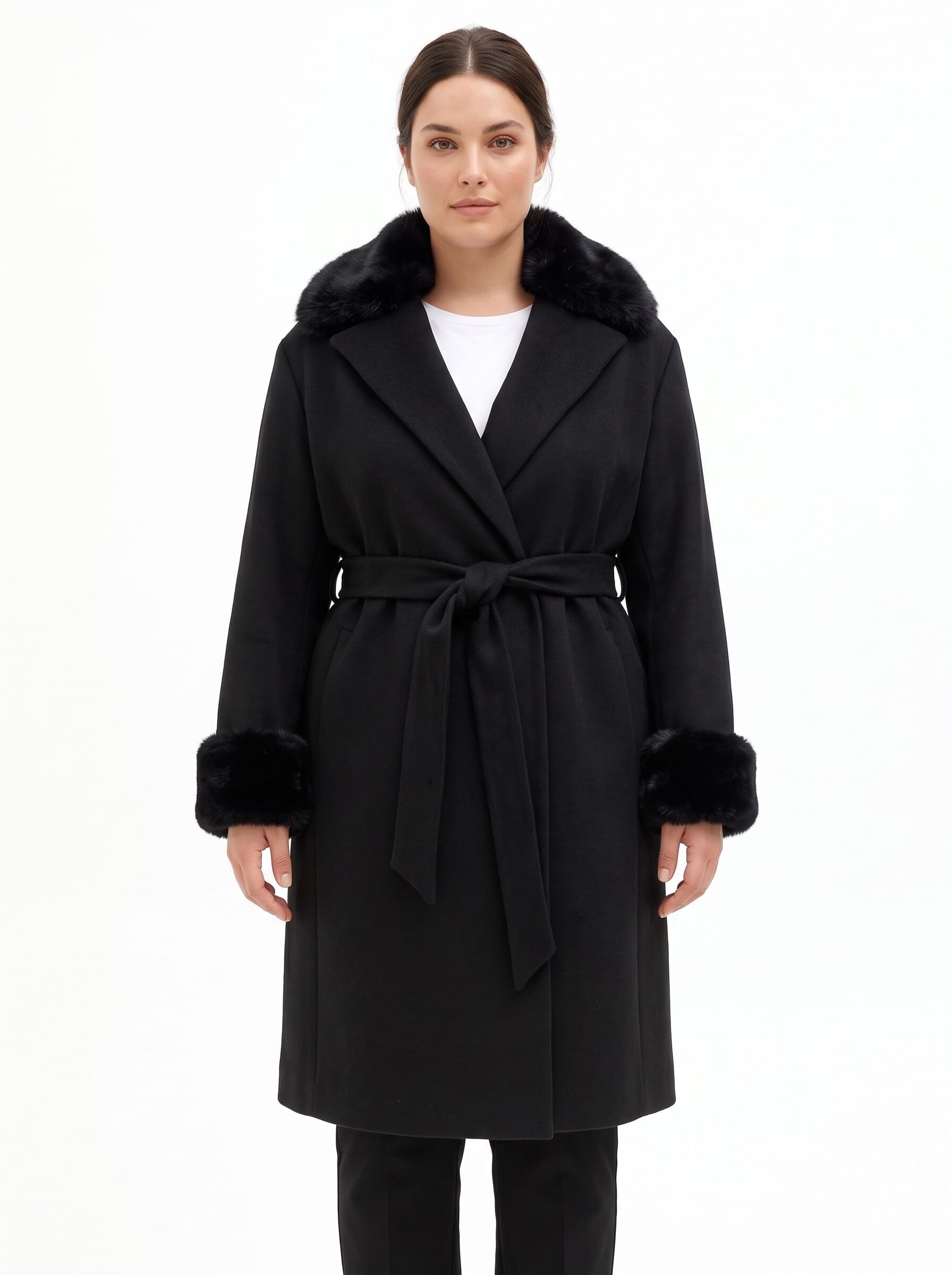 Cappotto Curvy Lungo In Panno Con Polsini E Collo In Pelliccia Sintetica Staccato Rinascimento Curvy