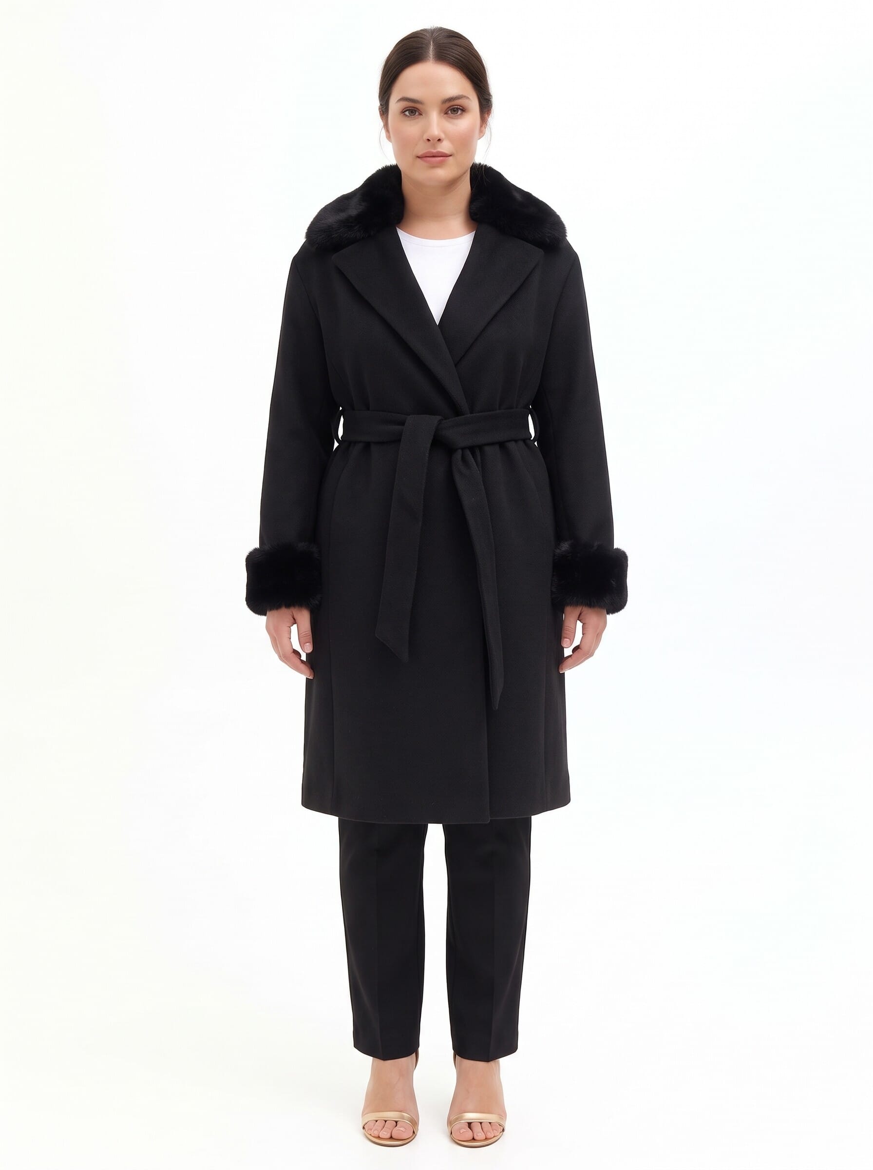 Cappotto Curvy Lungo In Panno Con Polsini E Collo In Pelliccia Sintetica Staccato Rinascimento Curvy