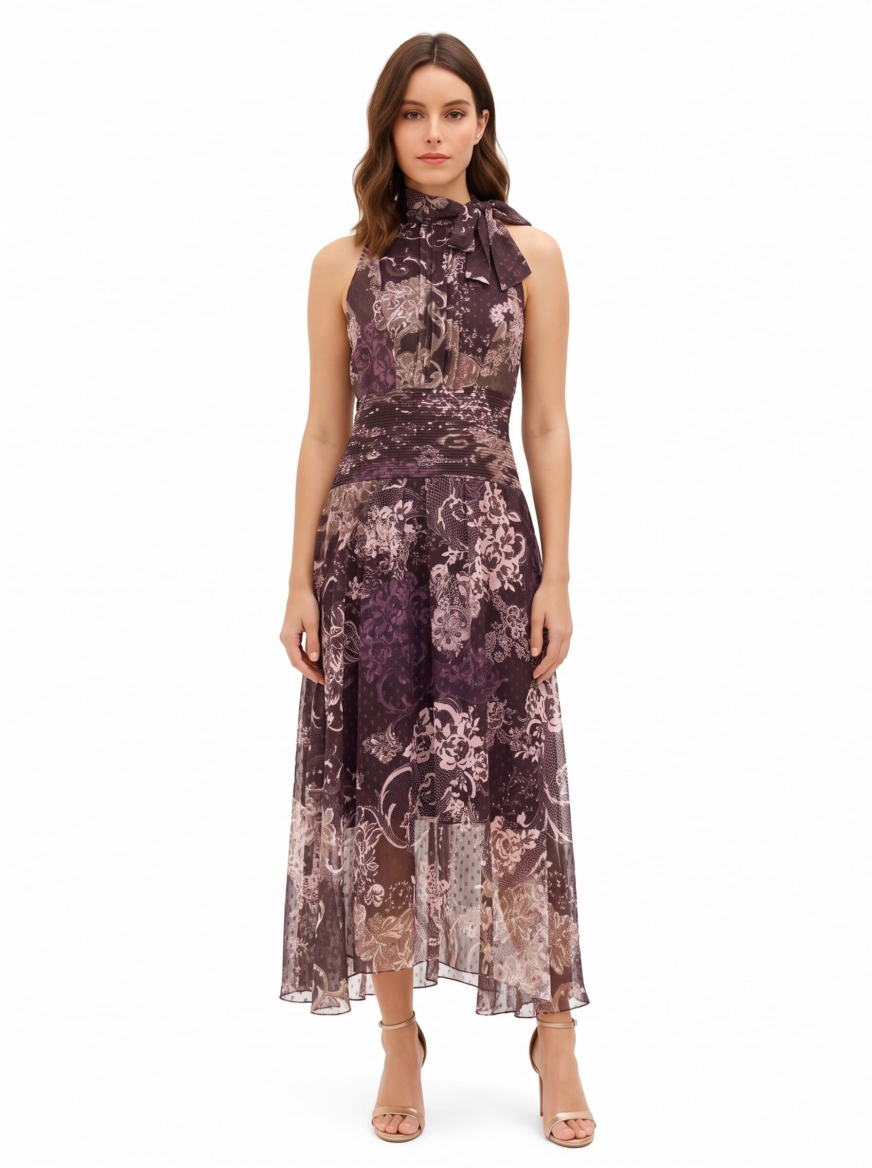 Robe longue en mousseline imprimée, avec nœud et taille plissée « Rinascimento »