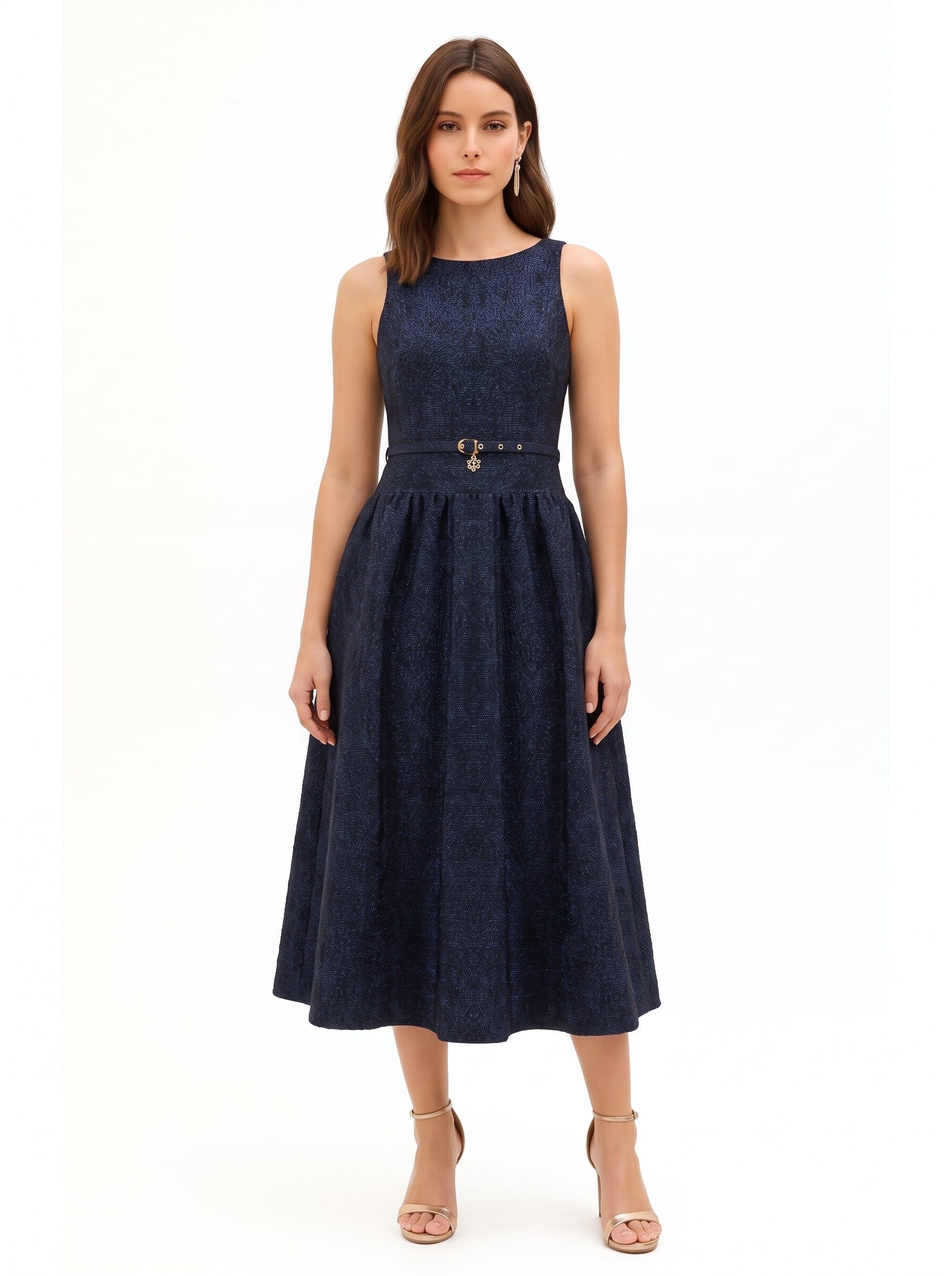 Abito Midi In Tessuto Jacquard Goffrato Con Lurex E Gonna A Corolla Rinascimento