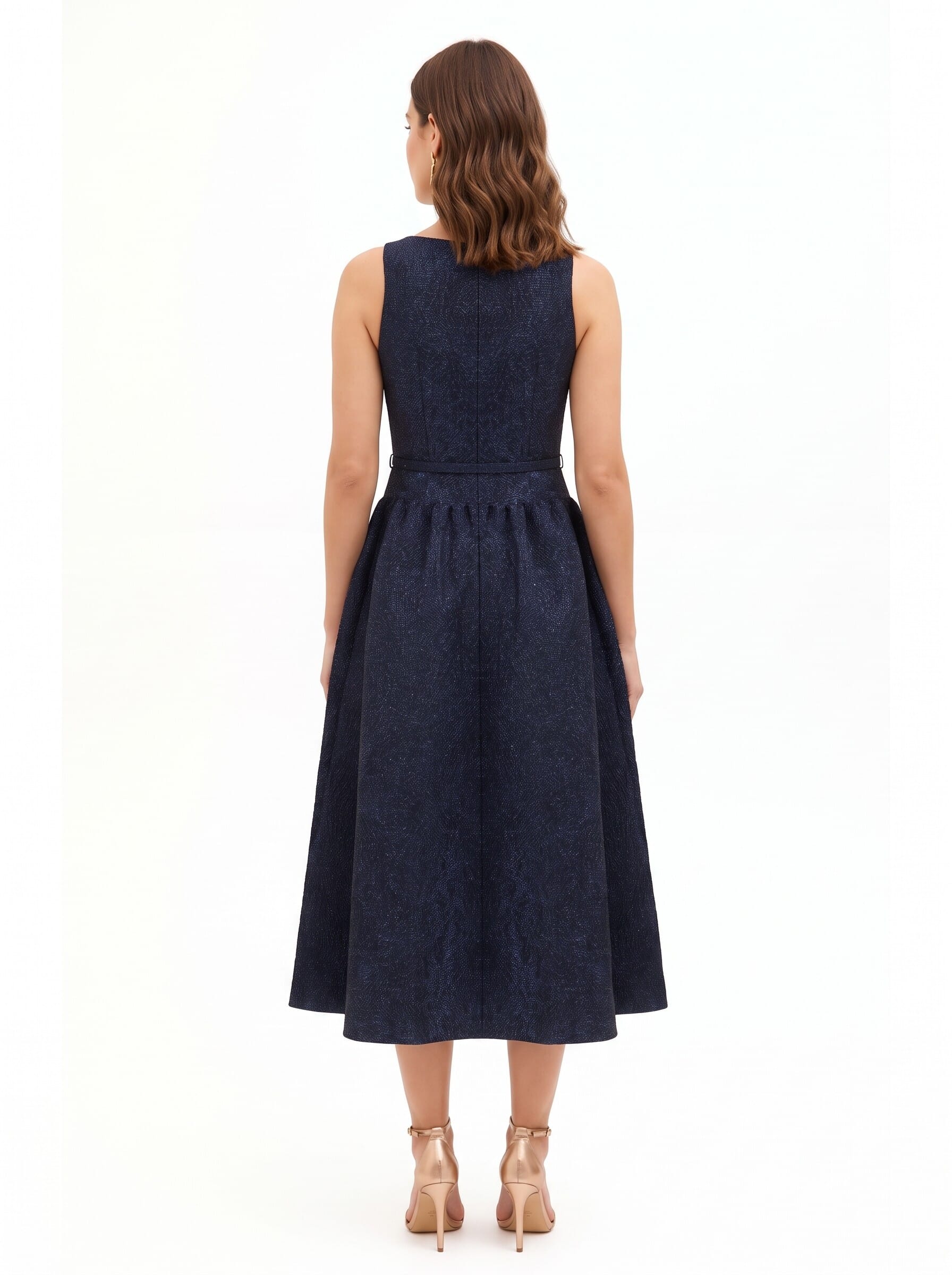 Abito Midi In Tessuto Jacquard Goffrato Con Lurex E Gonna A Corolla Rinascimento