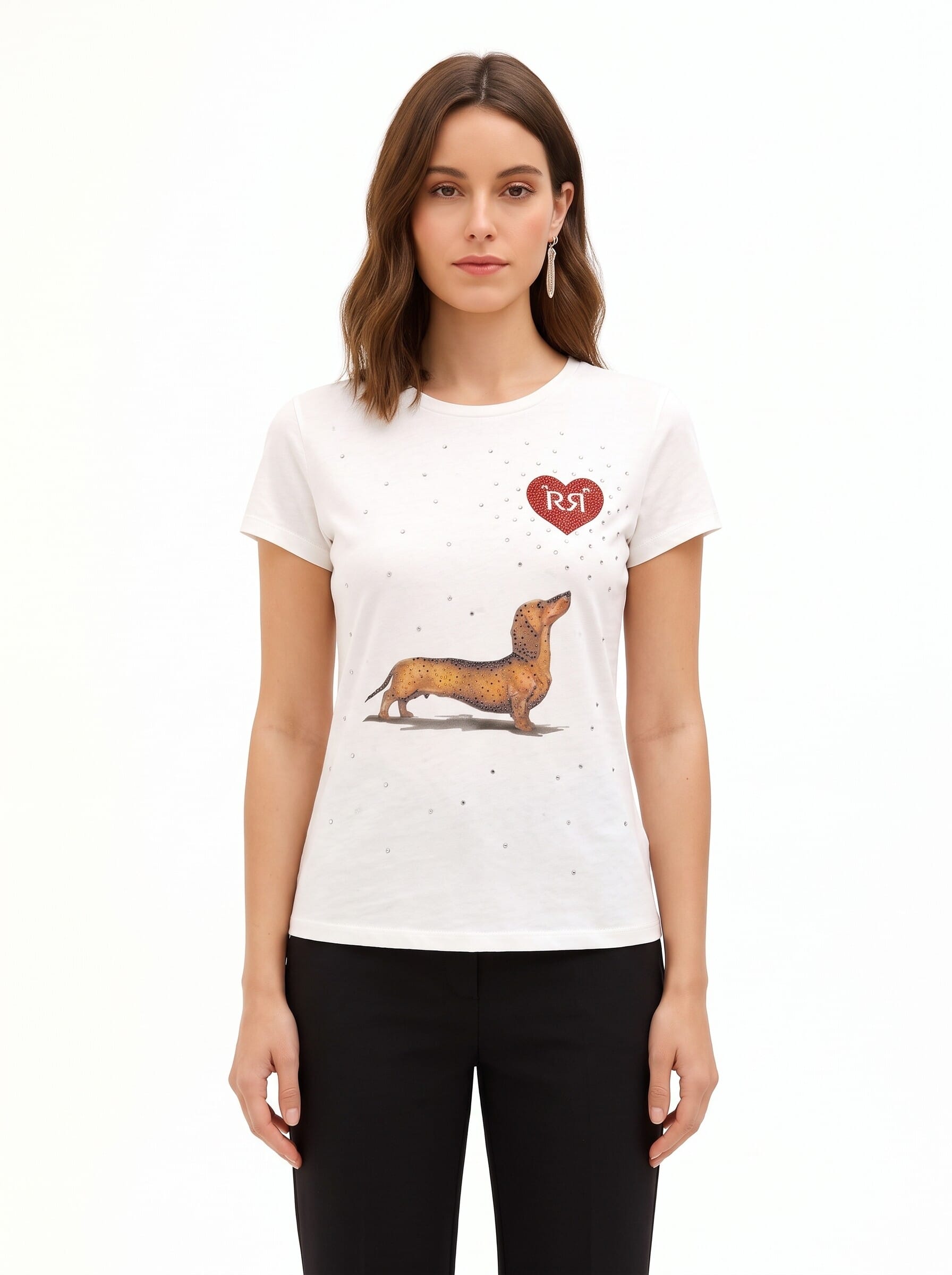 T-Shirt Regular In Cotone Con Stampa Bassotto Cuore E Strass Rinascimento