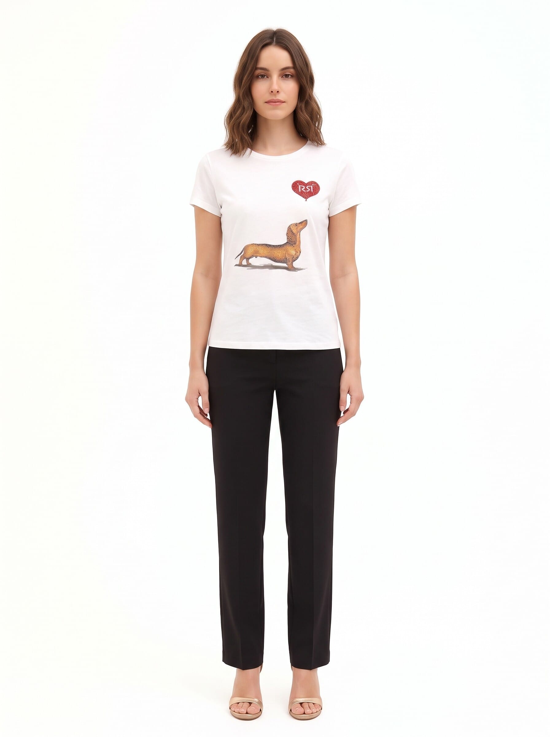 T-Shirt Regular In Cotone Con Stampa Bassotto Cuore E Strass Rinascimento